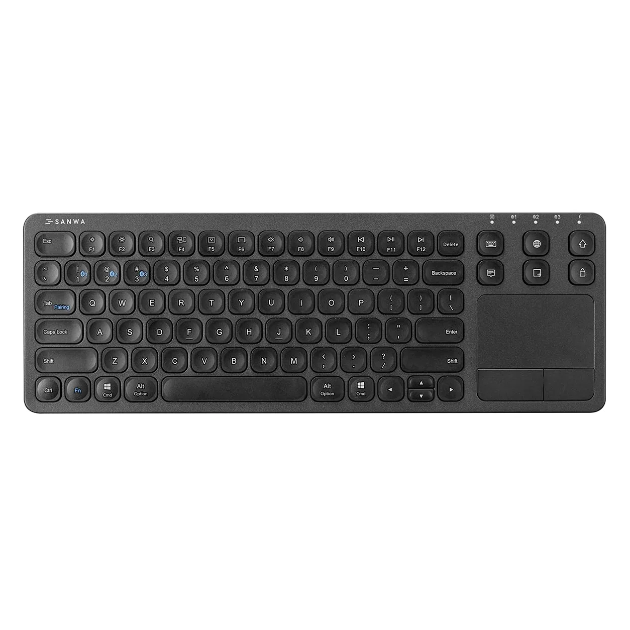 SANWA Tastiera Bluetooth con Trackpad, Tastiera HTPC 3 Dispositivi, Nero | Tastiera touchpad wireless, controllo multimediale, QWERTY, tasti a forbice, tastiera portatile per PC/laptop/tablet, Win/Mac