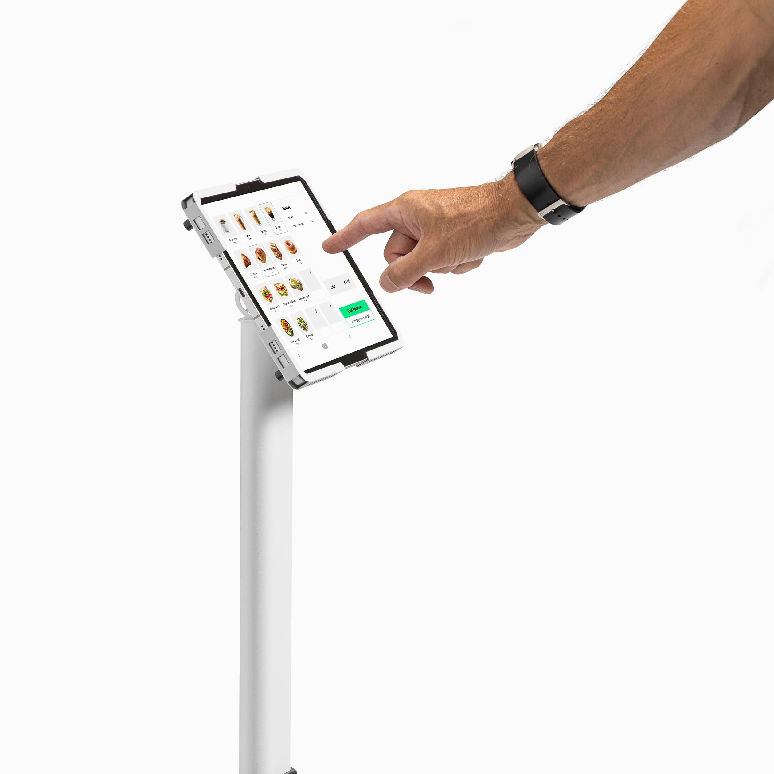 Supporto da pavimento universale per tablet regolabile 70–120 cm – per iPad e tablet 10–13 pollici – girevole, inclinabile, base stabile in metallo, gestione cavi, bianco