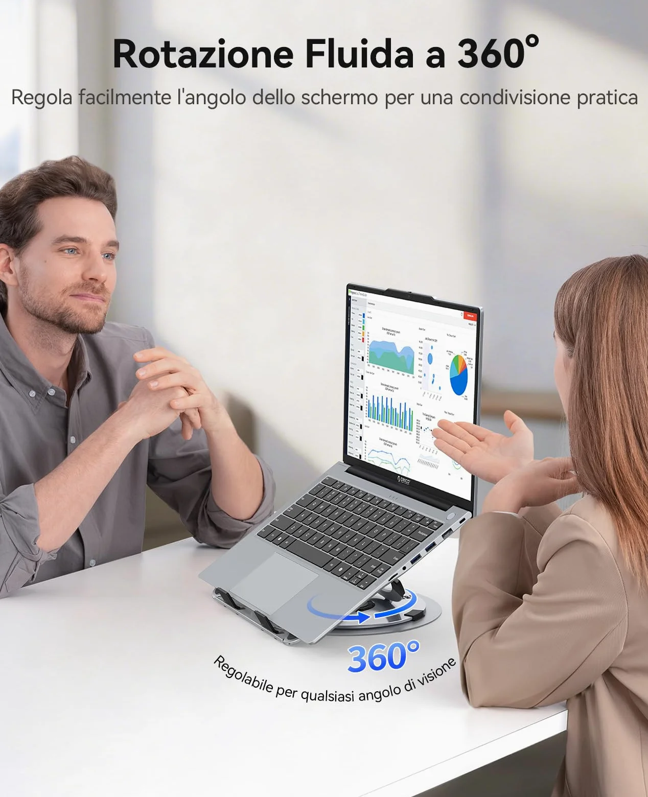 ORICO Supporto PC Portatile Regolabile, Laptop Stand Ventilato con Base Girevole a 360°, Supporto Laptop Ergonomico Pieghevole per Scrivania, Compatibile con Notebook da 10-17" - NS1, Argento