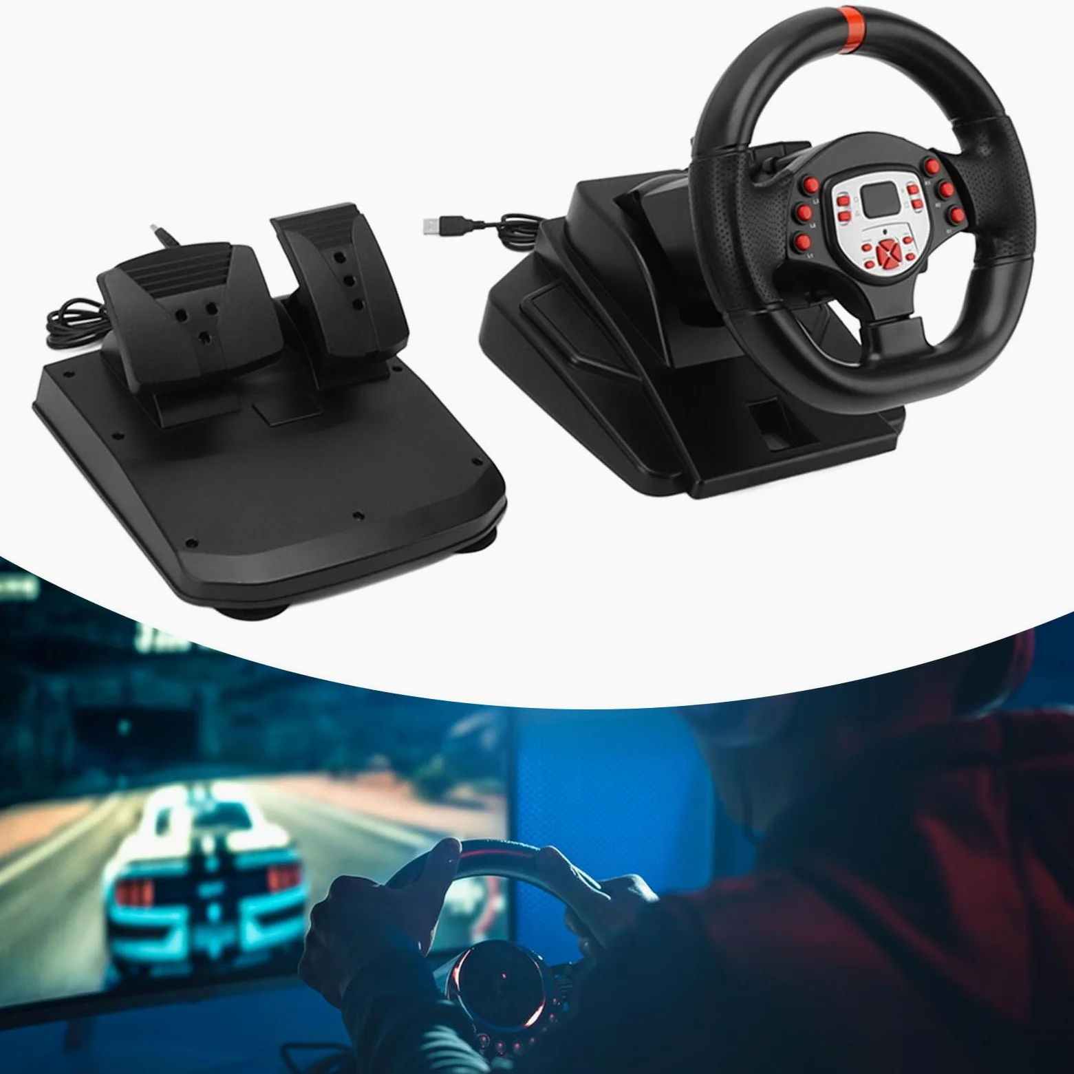 Volante da Corsa, Volante con Vibrazione da Gioco Volante per PC con Pedale Al Volante da 180 Gradi Simulatore di Corse di Volante da Corsa 5 in 1 per PC