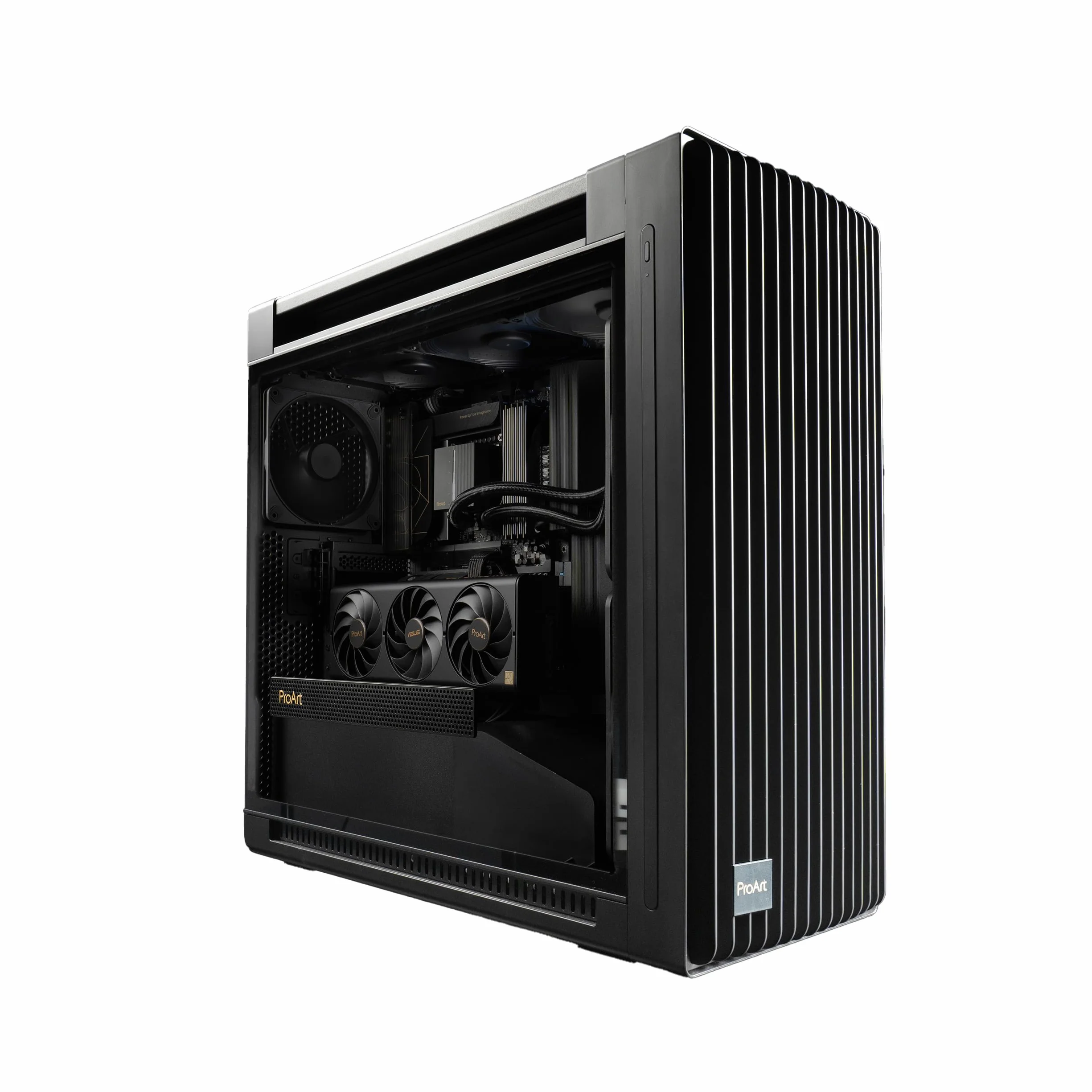 ASUS PROART PA602 TG PWM BLACK Case Gaming E-ATX, Chassis in Vetro Temperato, Supporto per Dissipatore da 420 mm, Ventole da 140 mm e 200 mm, Rilevatore di Polvere IR, Presa d’aria Laterale, Nero