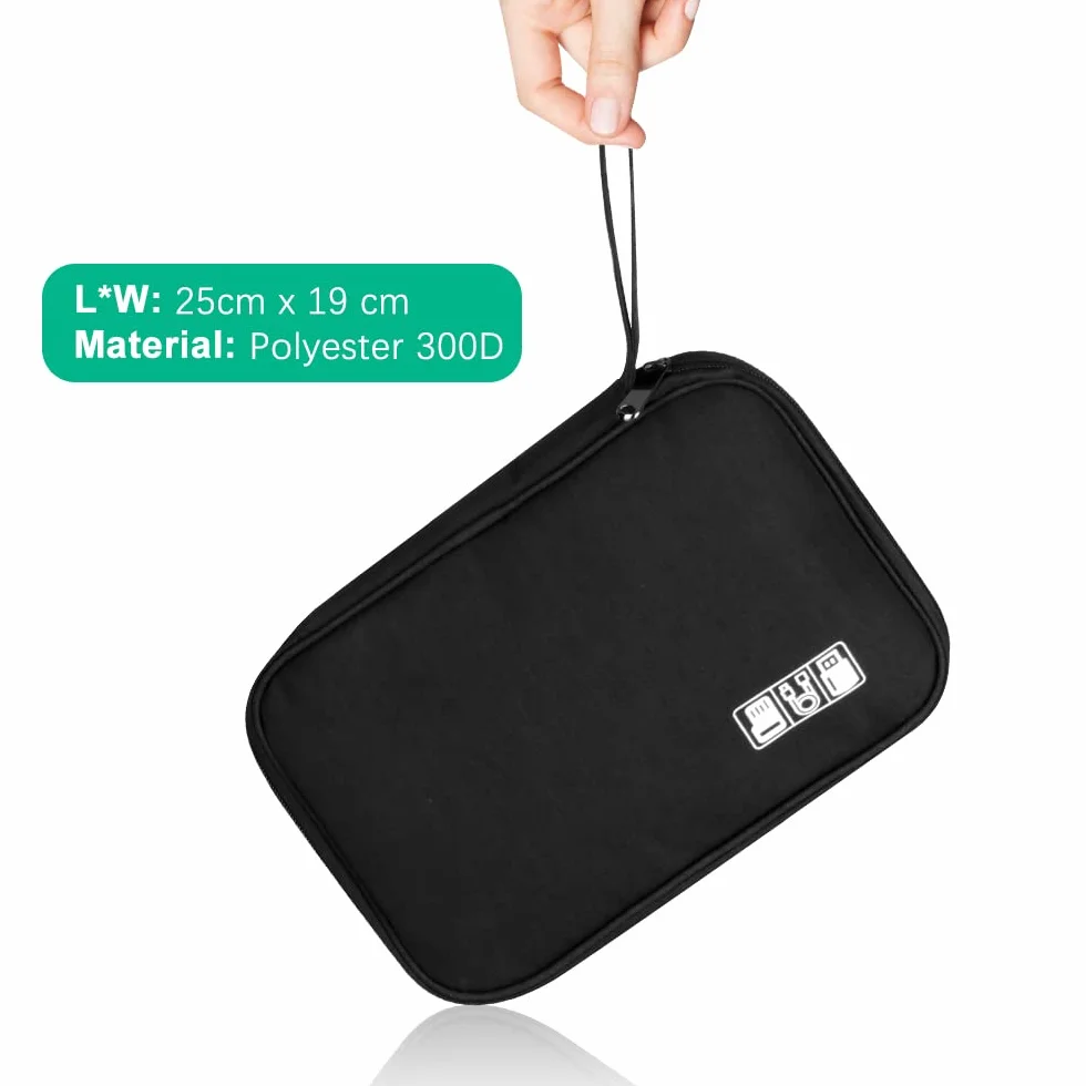 HCFGS Organizer Cavi, Borsa da Viaggio Custodia Cavi Resistente All'acqua Borsa da Piccoli con Braccialetto Pochette Antiurto per Cavi USB, Schede SD, Caricabatterie, Hard Disk (Nero)