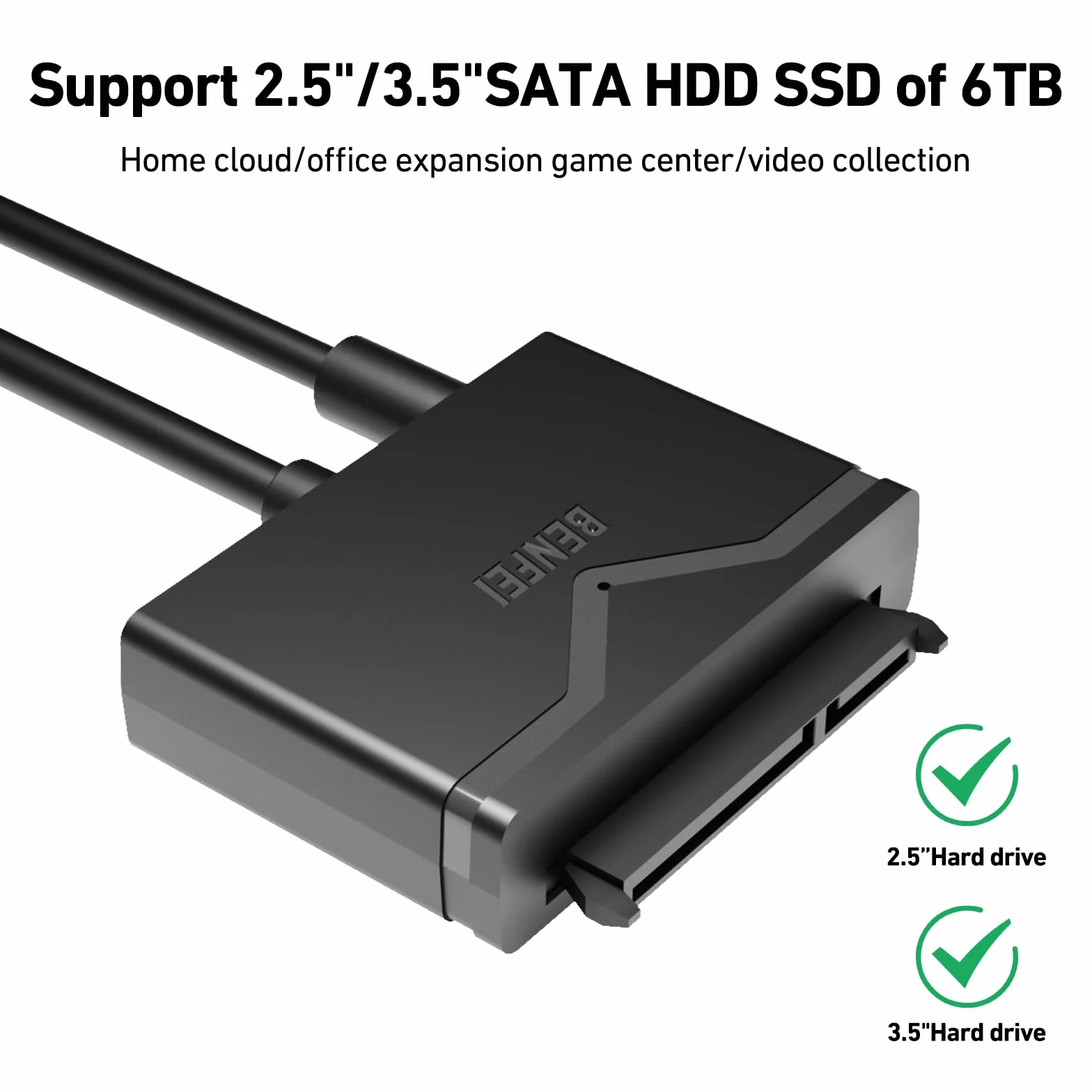 BENFEI Adattatore da USB 3.0 a SATA per HDD/SSD da 2,5"/3,5", 2-in-1 USB C/USB 3.0 a SATA III con adattatore di alimentazione 12V/2A