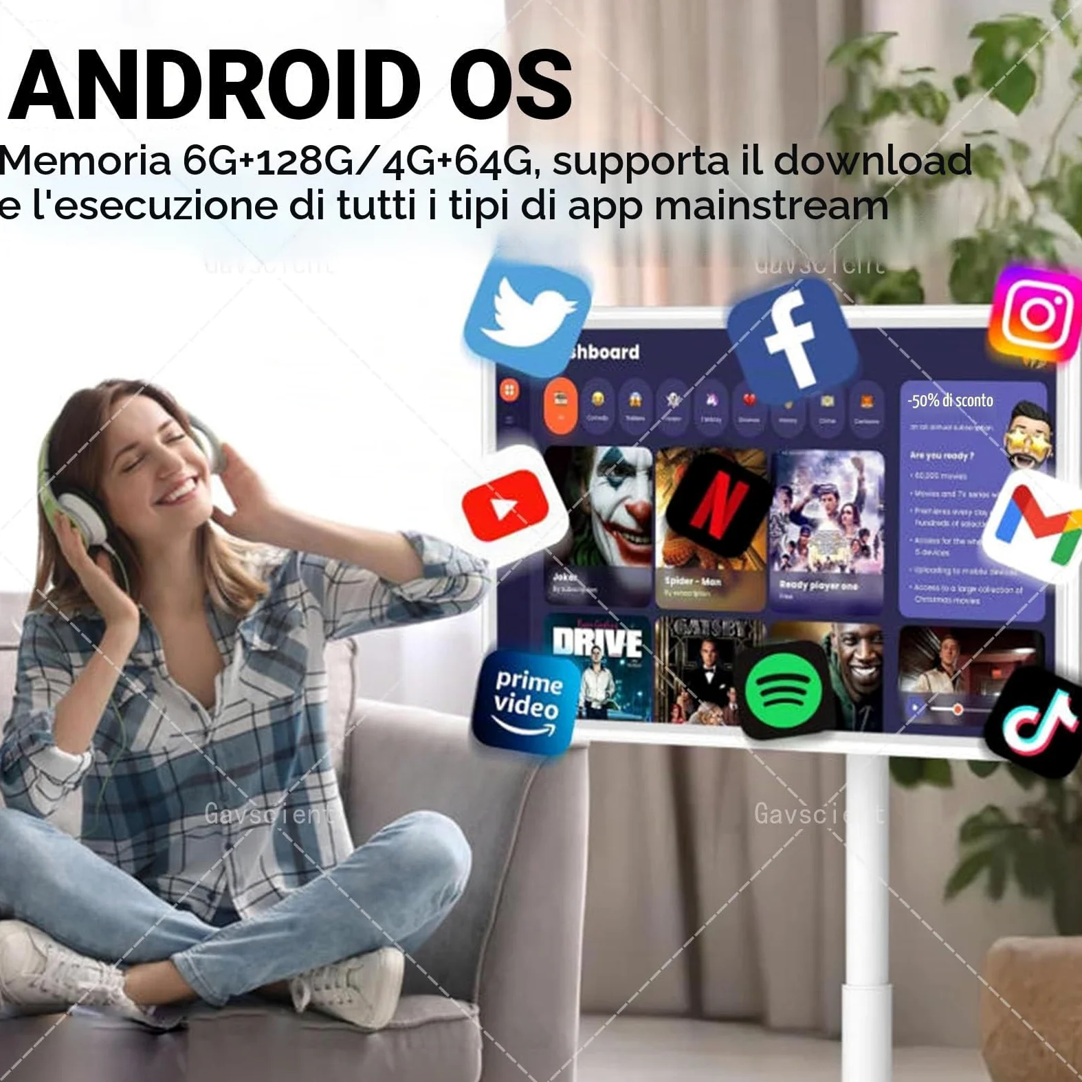 TV Intelligente Portatile FHD 2ª Generazione, Android 12, TV-Tablet Rotolante su Ruote, Batteria 6000mAh Integrata, Rotazione Completa – per Cinema Casa & Presentazioni Ufficio 21.5-8/128G