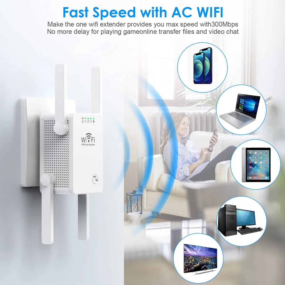 Ripetitore WiFi Potente per Casa Amplificatore WiFis Più Recente WLAN Ripetitores WiFi Extender 300Mbit/s 2.4GHz, Porta LAN, Supporta Modalità Ripetitore/Router/AP