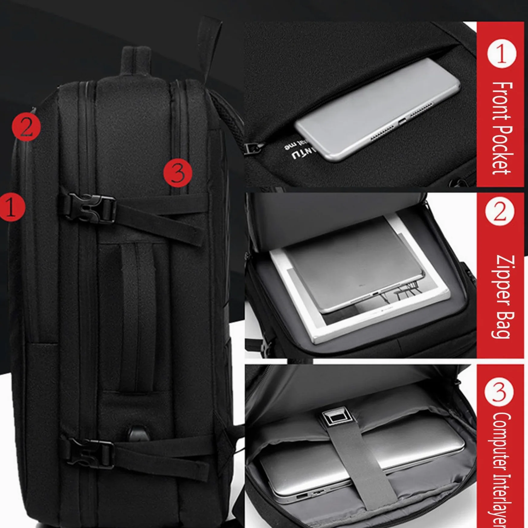 Zaino Business Leggero per Laptop, Ampio Zaino da Viaggio Espandibile con Porta di Ricarica USB, Robusto Zaino Casual per Pendolari con Fascia per Trolley e Scomparti Multipli