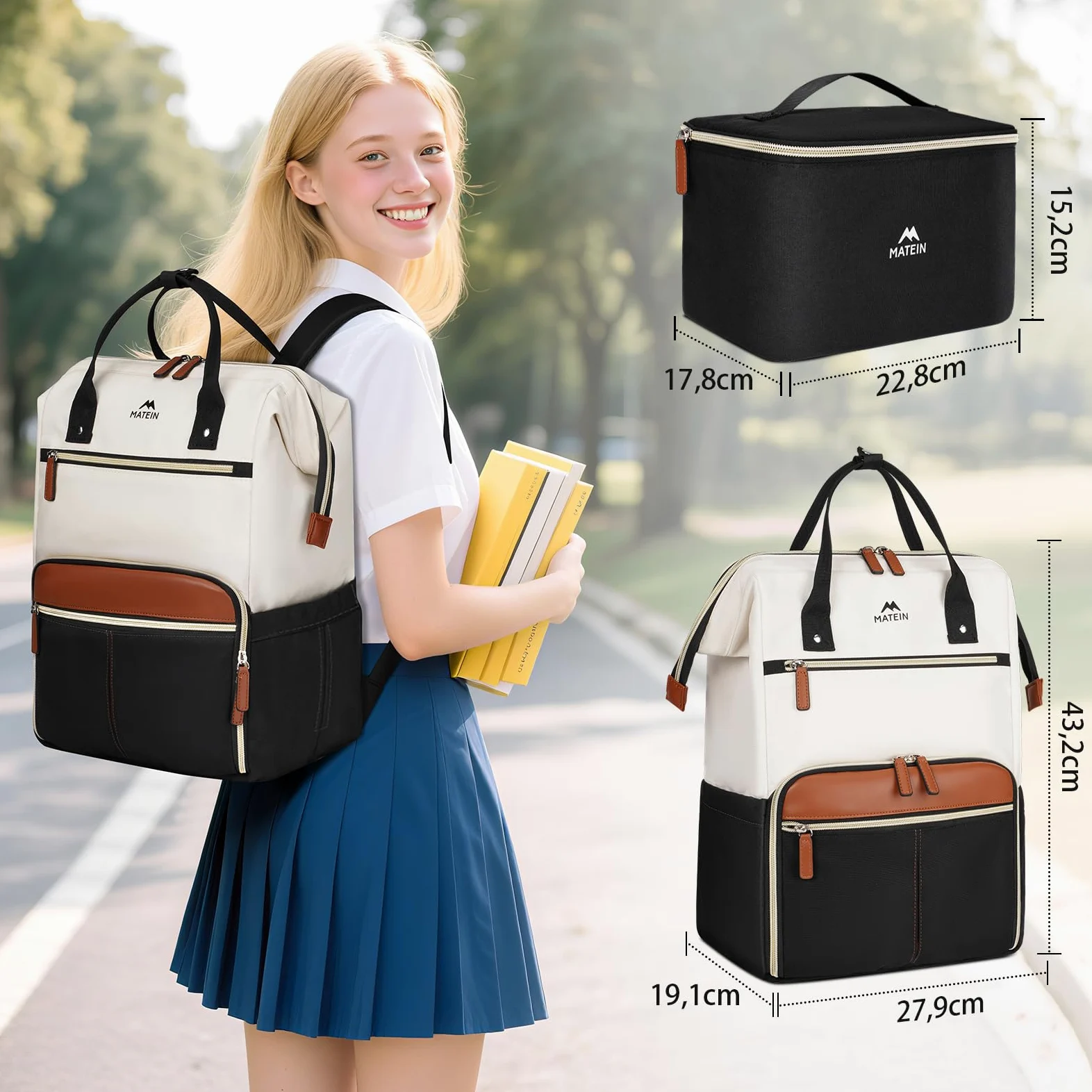 MATEIN Zaino PC 15,6 Pollici con Borsa Termica Porta Pranzo Rimovibile, Zaino Lavoro Donna Antifurto per Insegnanti e Infermiere, Multitasche Zaini da Viaggio Aereo per Ufficio, Università, Beige kaki