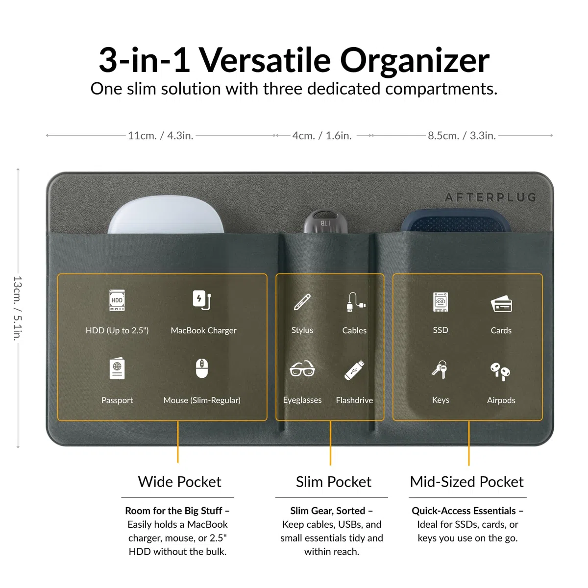 3-Pocket Storage Bag, Organizer adesivo per accessori per laptop, per HDD portatile, SSD, unità USB, mouse, cavi, grigio