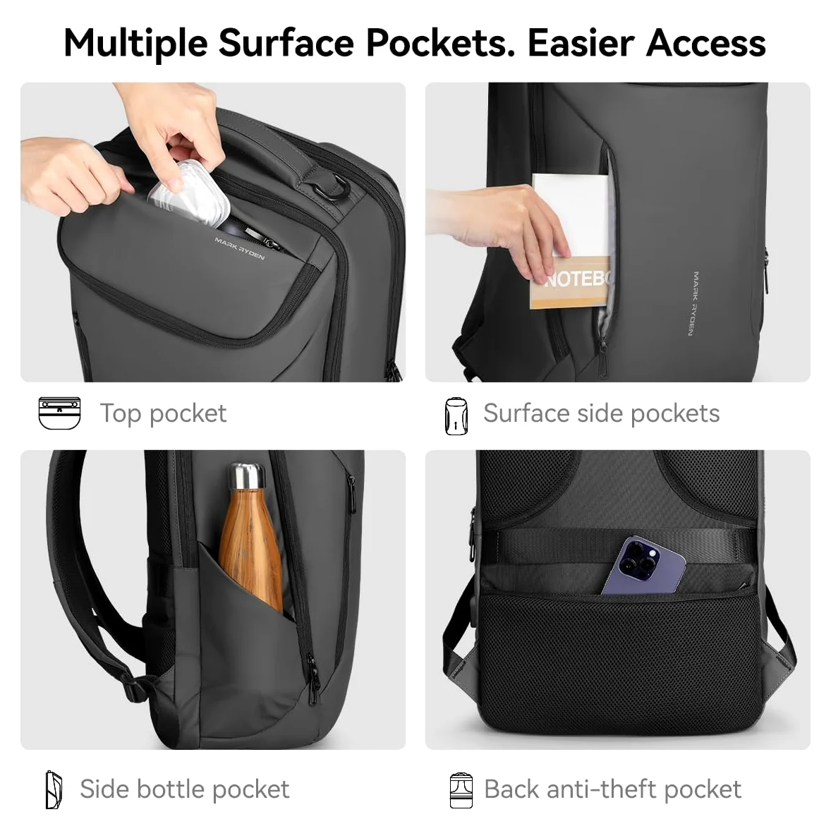 MARK RYDEN Zaino portatile di grande capacità con USB 17.3 pollici/15.6 pollici per gli uomini zaino multifunzione antifurto zaino giorno per business