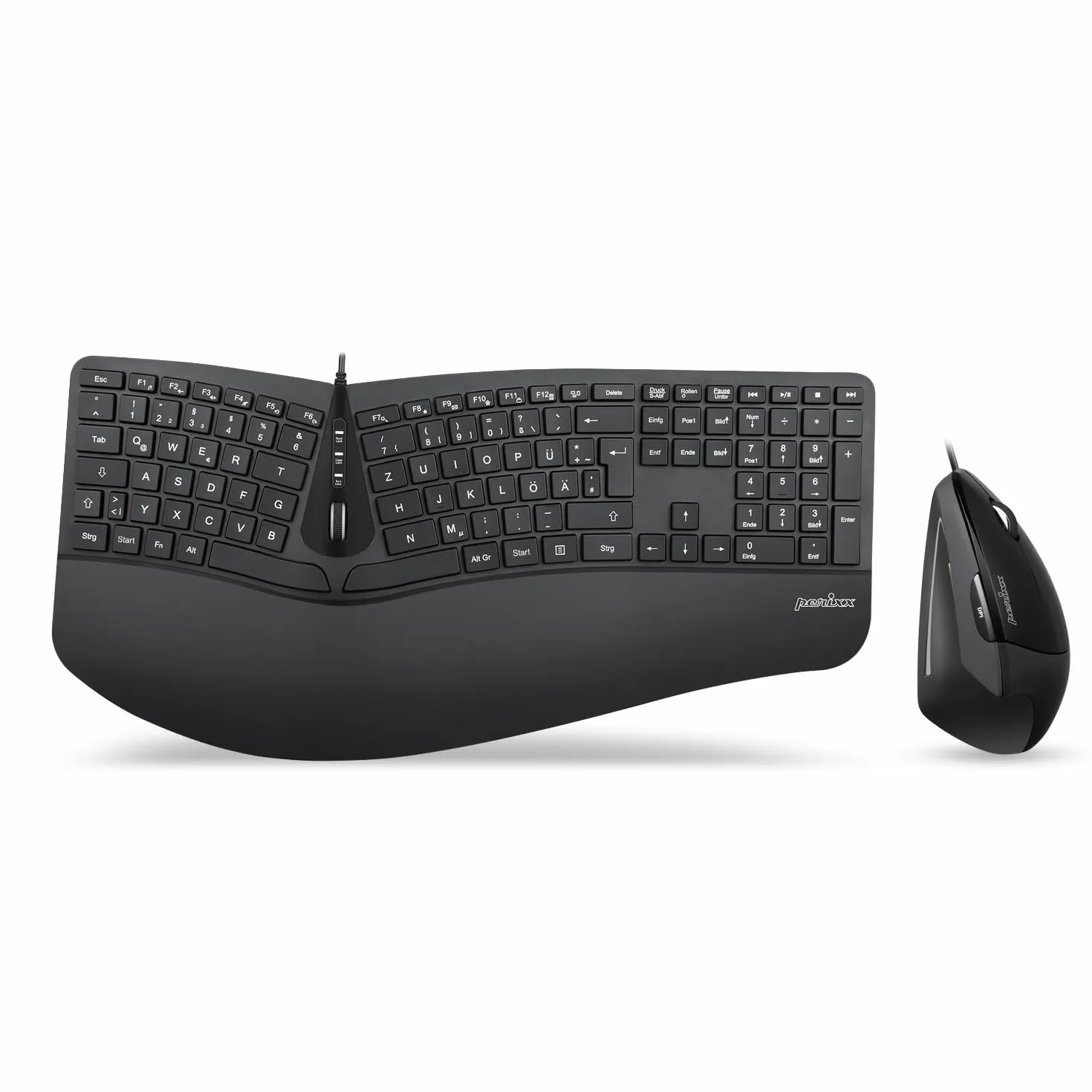 Perixx Periduo-505 - Tastiera ergonomica con mouse verticale, tastiera divisa, rotella di scorrimento a 4 vie, poggiapolsi personalizzabile, tasti piatti, con cavo USB, QWERTZ
