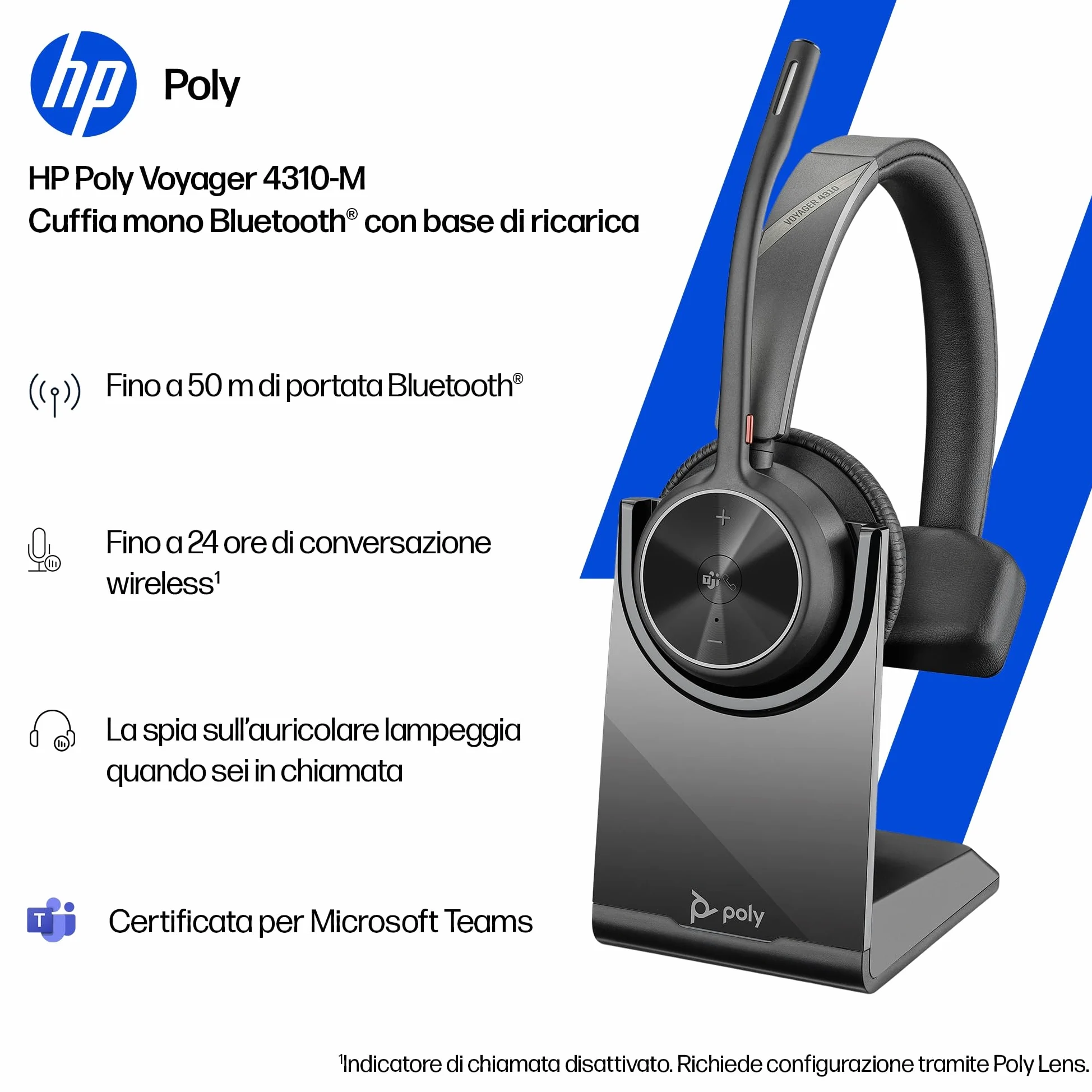 Poly Voyager 4310 UC, Cuffia Monoaurale Senza Filo, Connessione Bluetooth e Dongle USB-C BT700, Cuscinetto in Similpelle, Autonomia 24 Ore, Base per Ricarica, Compatibile con Windows 10 e macOS, Nero
