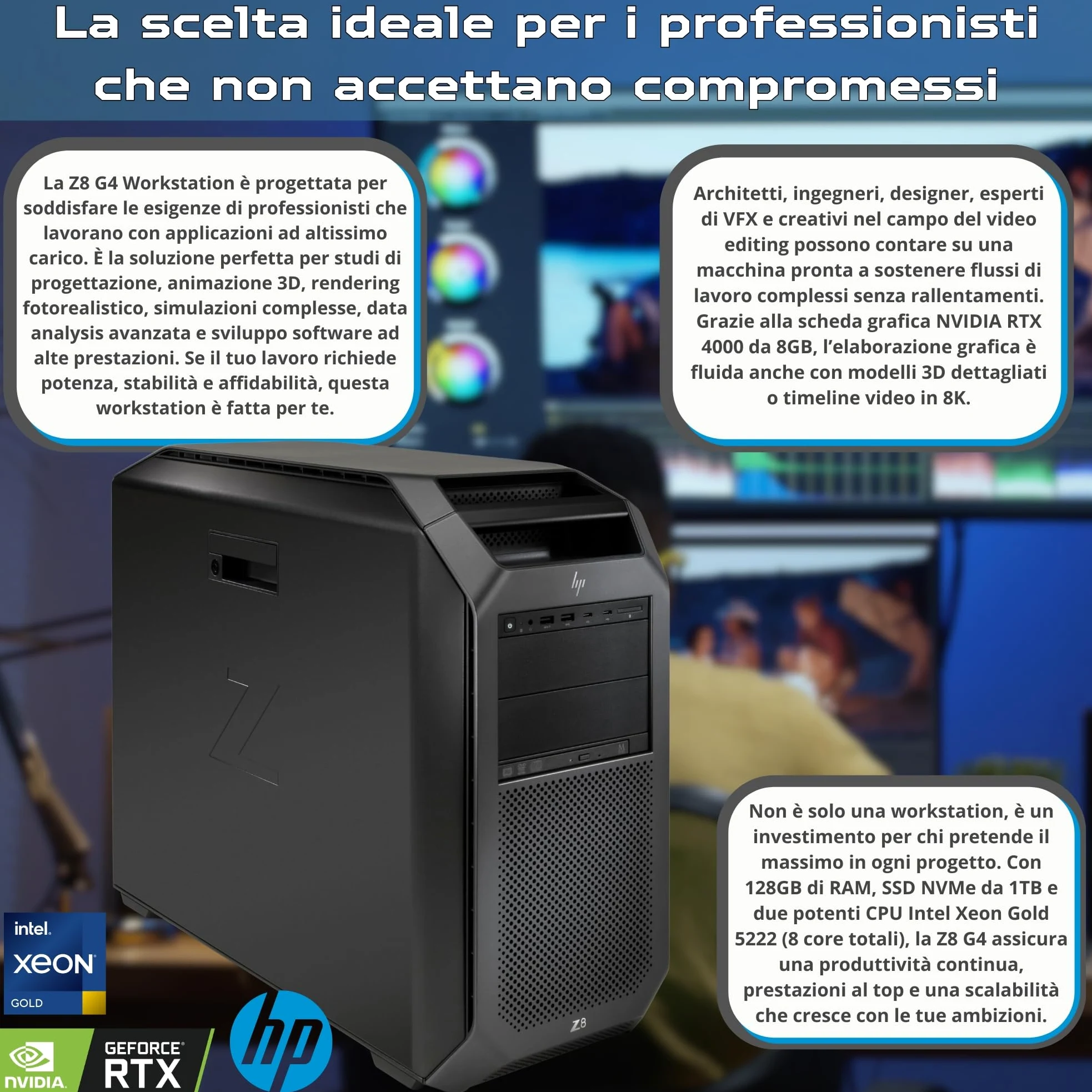 HP Z8 G4 PC Workstation Tower | 2x Intel Xeon Gold 5222| 128GB RAM | 1 TERA SSD Nvme| Nvidia RTX 4000 | Win 11 Pro Garanzia 36 Mesi (Ricondizionato)