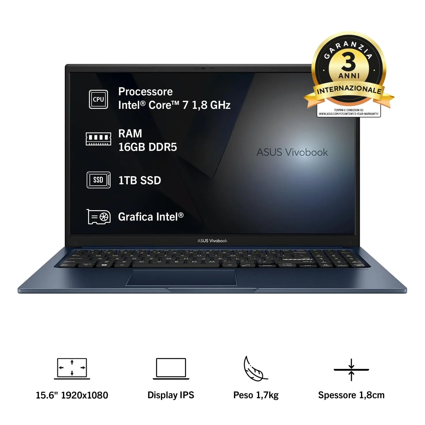 ASUS Vivobook 15 F1504VA#B0FZL9MB29, Notebook con display 15.6" IPS, Anti-glare, 60Hz,Intel® Core™ 7 Processor 150U,RAM 16GB, 1TB SSD, WIN11 Home, Blu