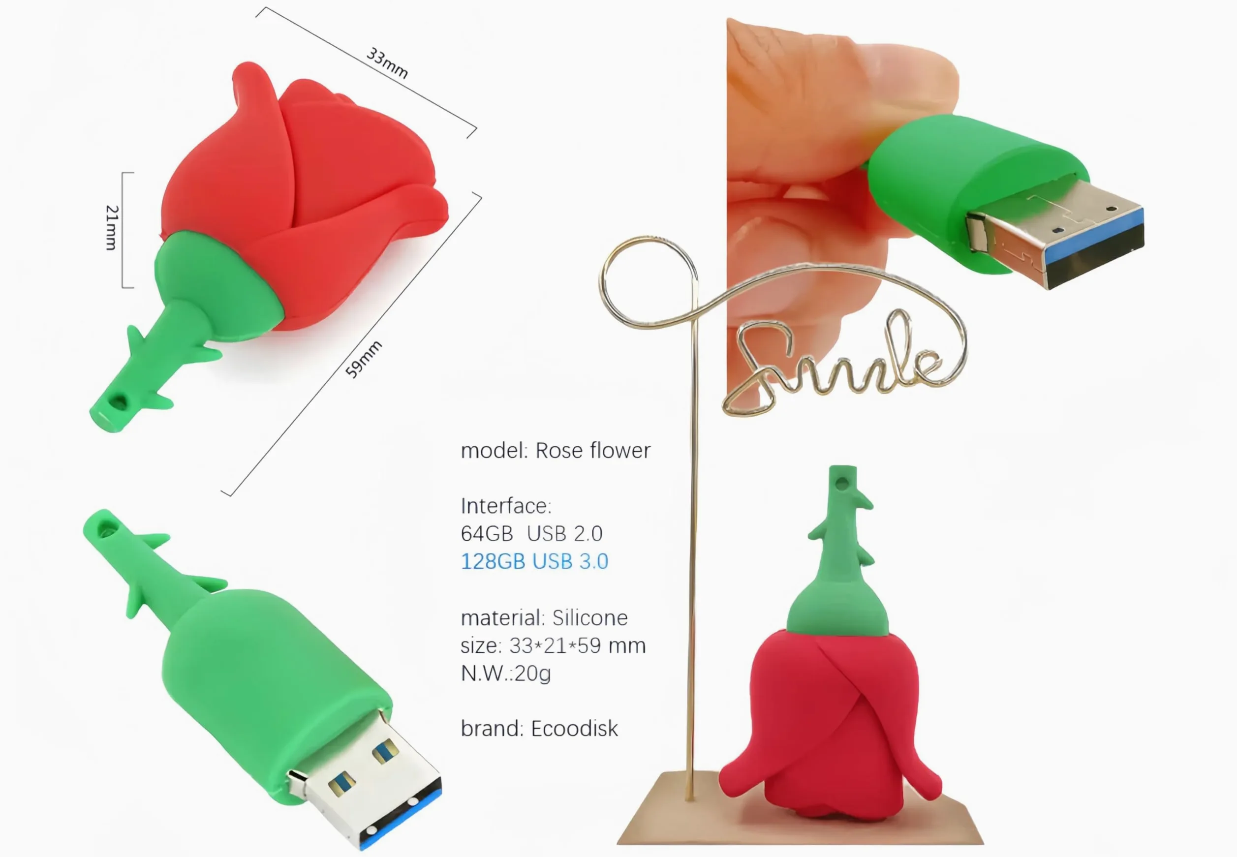 Chiavetta USB 3.0 Flash Drive, 128 GB, a forma di fiore rosso, ad alta velocità di trasferimento