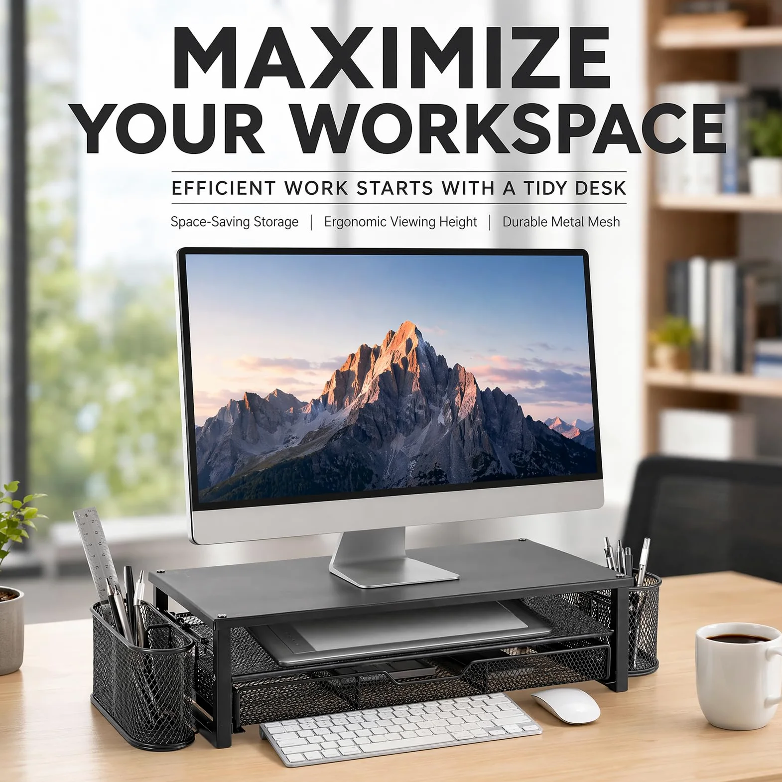 Supporto per monitor con cassetto e 2 portapenne, rialzo ergonomico da scrivania per laptop e schermo, organizer multifunzionale a 2 livelli per ufficio e home office (nero)