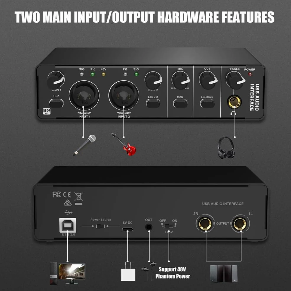 Malloy Interfaccia Audio USB, Interfaccia Audio 2 in 2 out con Alimentazione Phantom 48V per Registrazione, per Chitarrista, Cantante, Podcaster