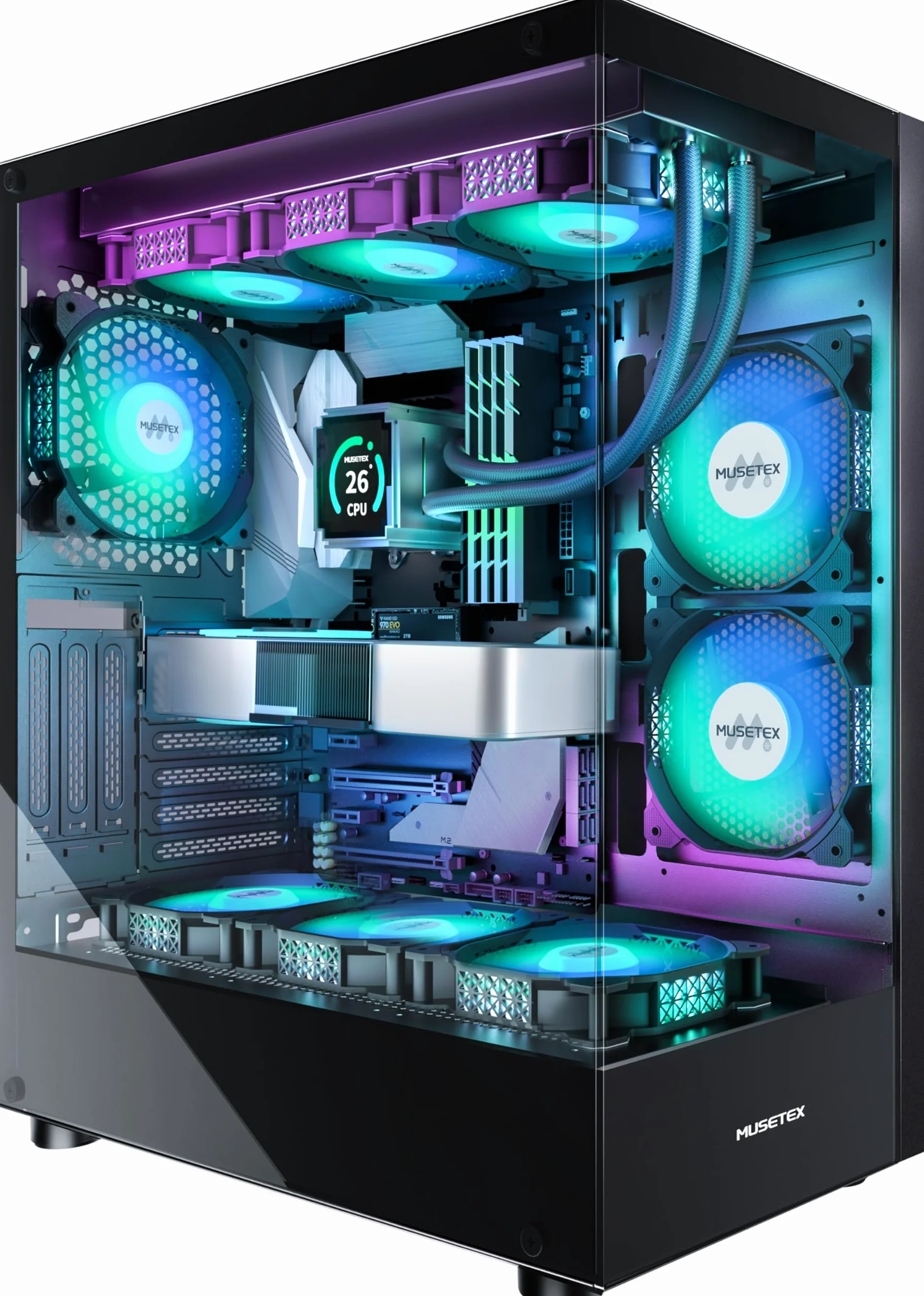 MUSETEX CASE PC ATX 6 ventole PWM ARGB preinstallate, case per computer Mid Tower Type-C con doppio vetro temperato a vista, case per PC da gioco, nero (K2)