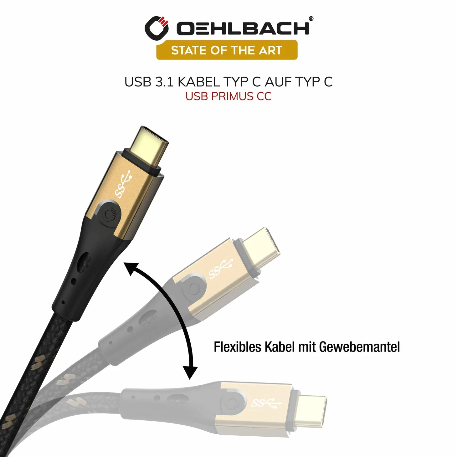 Oehlbach Primus Cavo USB tipo C a tipo C – State of The Art – Super Speed 10 Gbps 40 W Fast Charge veloce ad alta flessibilità HPOCC 3 schermature 4K 60Hz – Nero/Oro – 2 metri