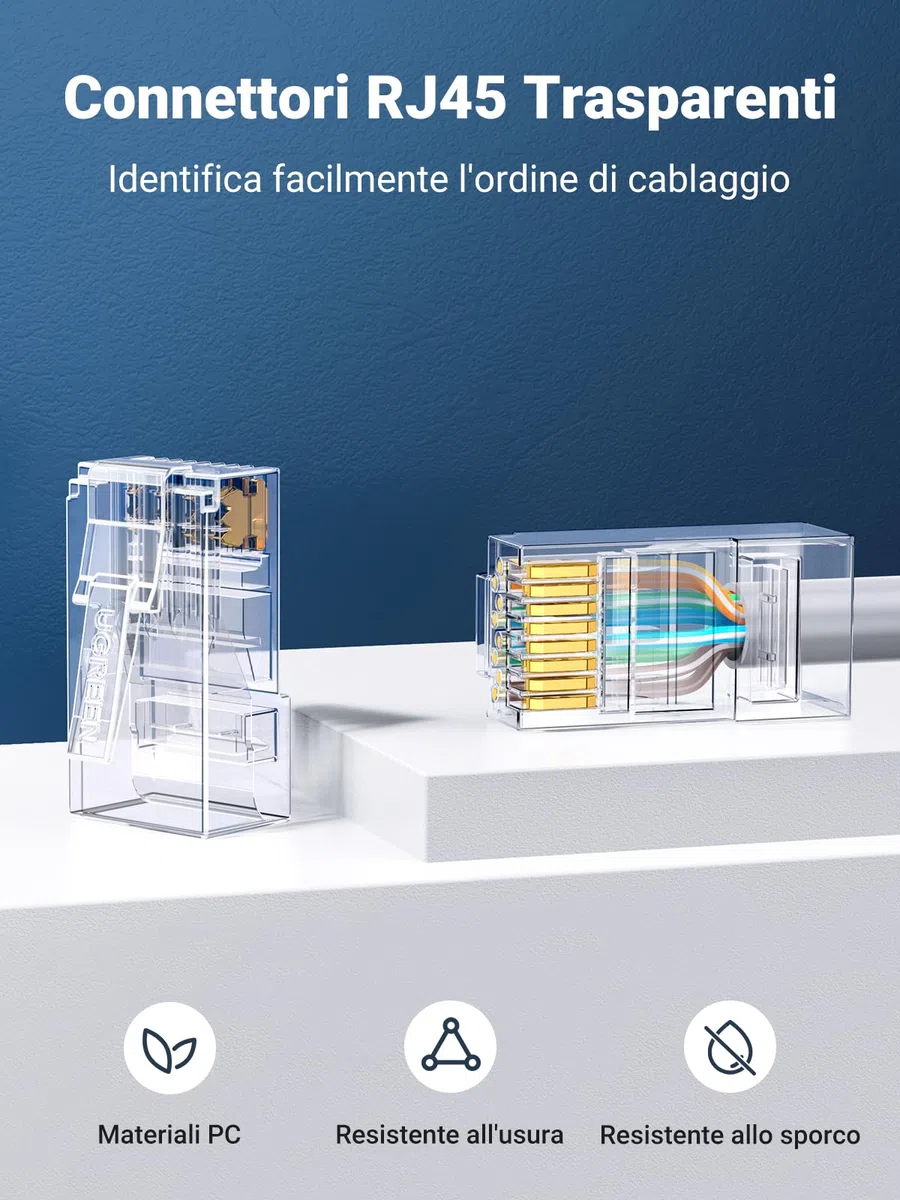 UGREEN 50 Pezzi Connettori RJ45 Cat 5e, Plug RJ45 Placcato in Oro 24K 8P8C STP, Connettore LAN Schermato per Cat 5 / 5e Ethernet Network