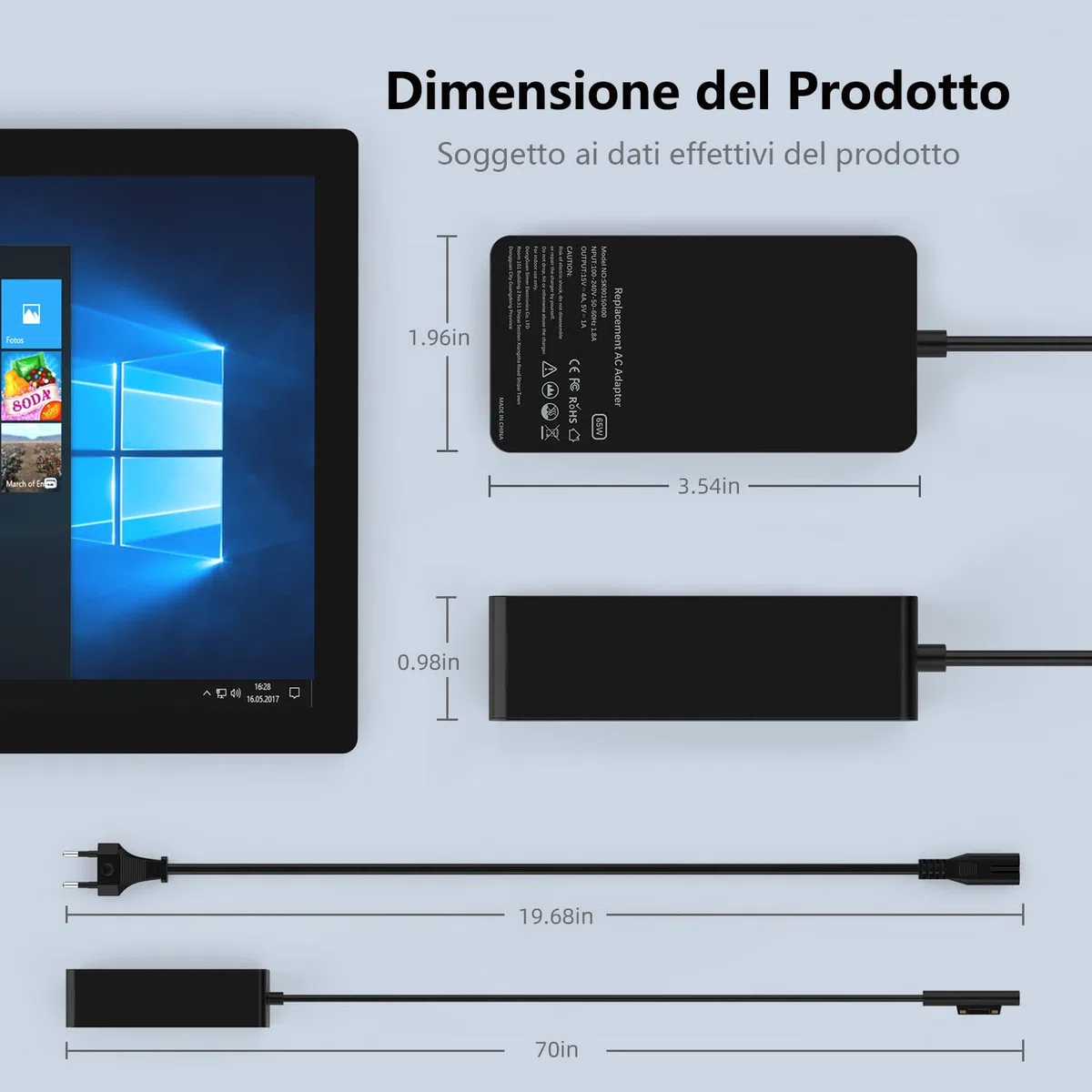 Caricatore Surface Pro 65W 15V 4A Alimentatore per Microsoft Surface Pro 8/7/6/5/4/3/X, Surface Laptop 1/2/3/4, Surface Book 1/2, Surface Go 1/2 Tablet Windows 1796 1800 Caricabatterie con Port USB