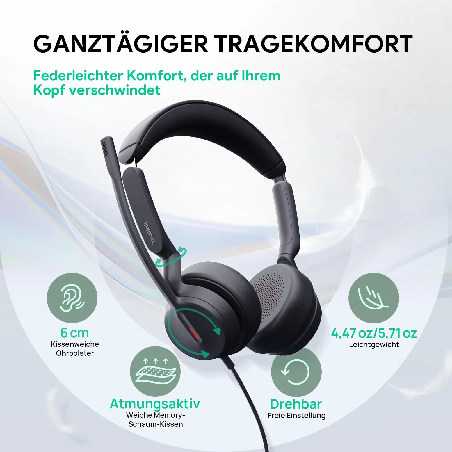 Yealink UH44 Cuffie con microfono, auricolari stereo USB con cancellazione del rumore, cuffie cablate per PC, call center, ufficio con indicatore di stato, USB-C/A, certificate Teams.