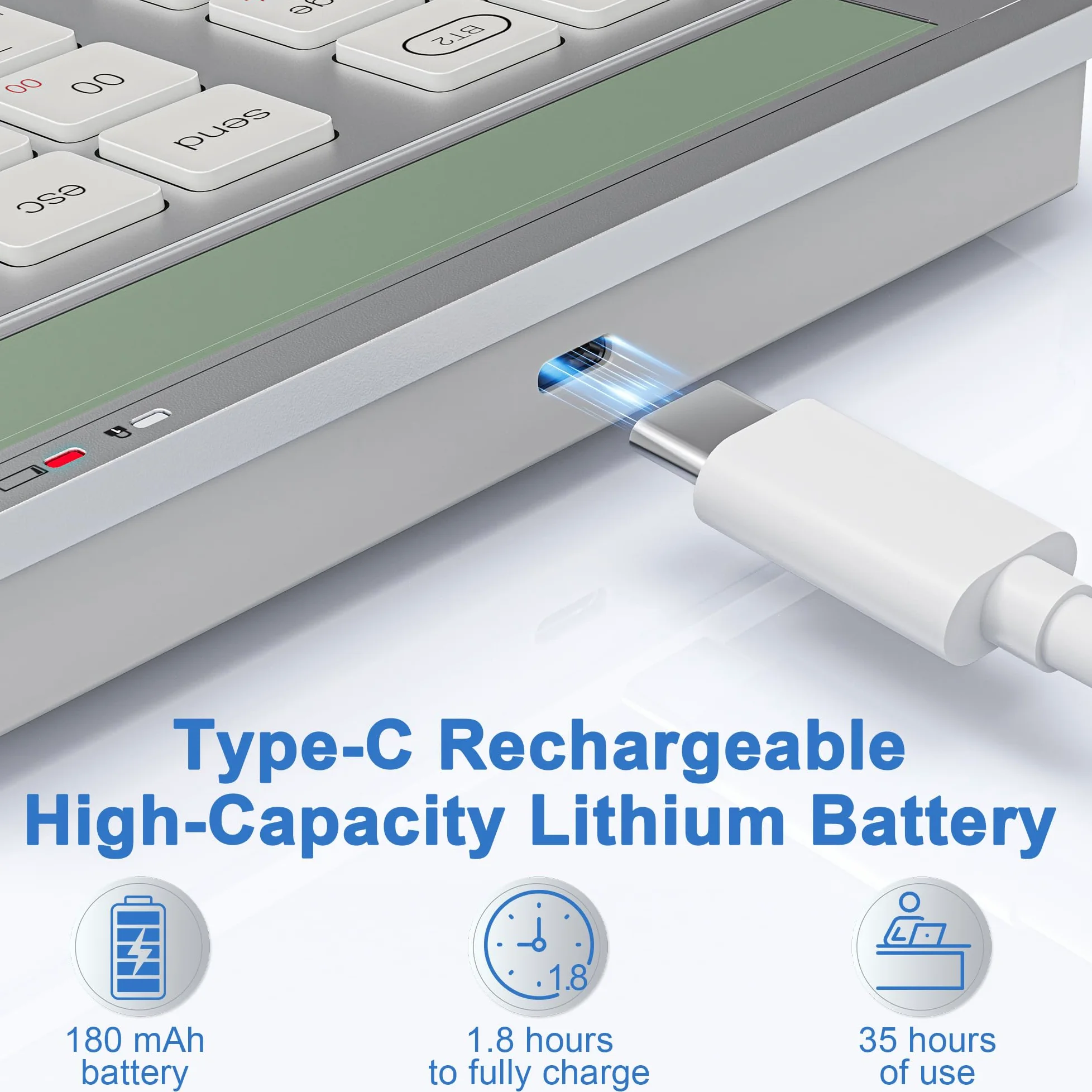 Tastierino numerico 2-in-1 ricaricabile con Bluetooth e USB, 34 tasti con display calcolatrice, sottile e portatile per PC/Mac/tablet, inserimento dati e contabilità rapidi