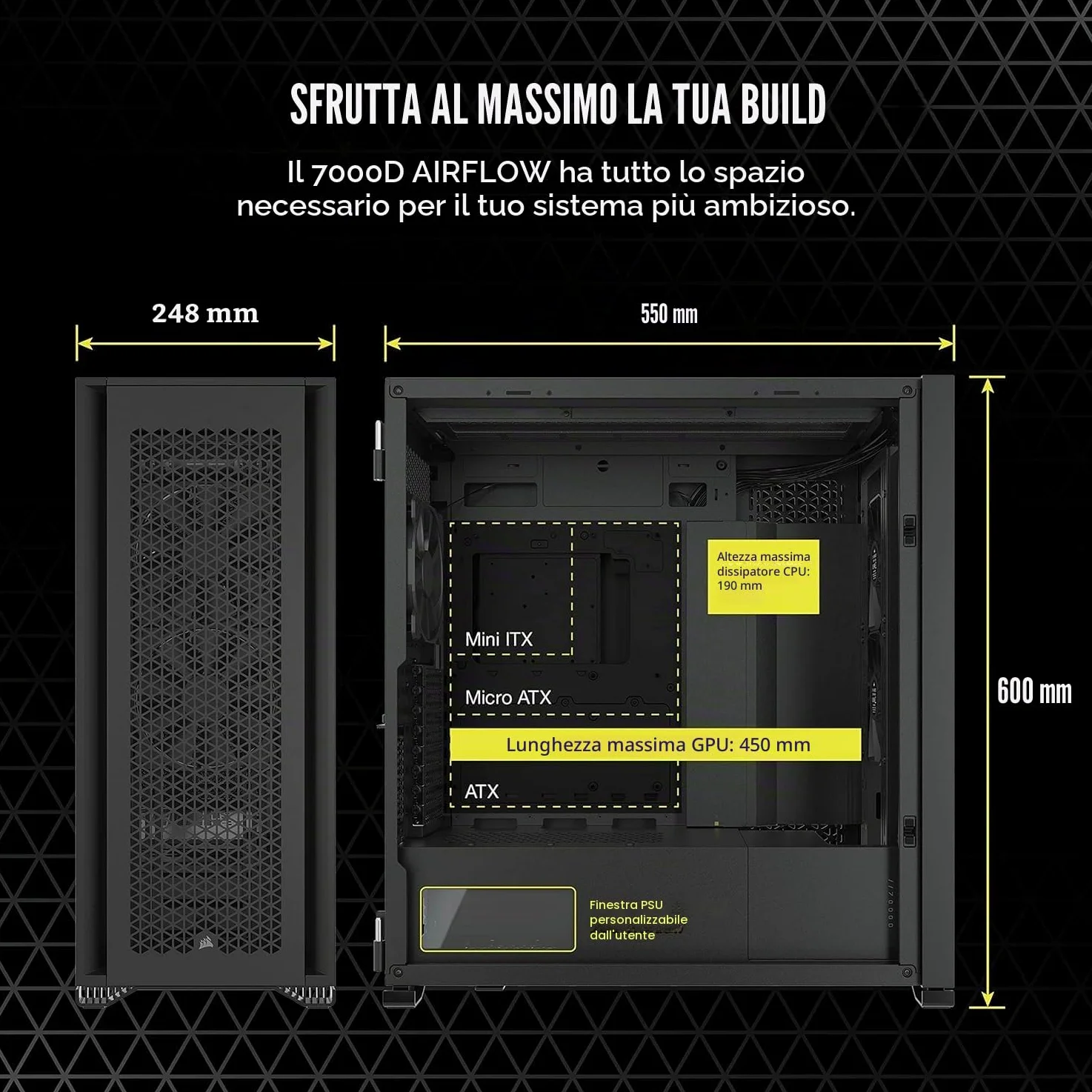 Corsair 7000D AIRFLOW Case per PC ATX Full-Tower (Pannello Anteriore a Flusso d'aria Elevato, Tre Ventole da 140 mm con Ripetitore PWM Incluse, Generoso Spazio Interno), Nero