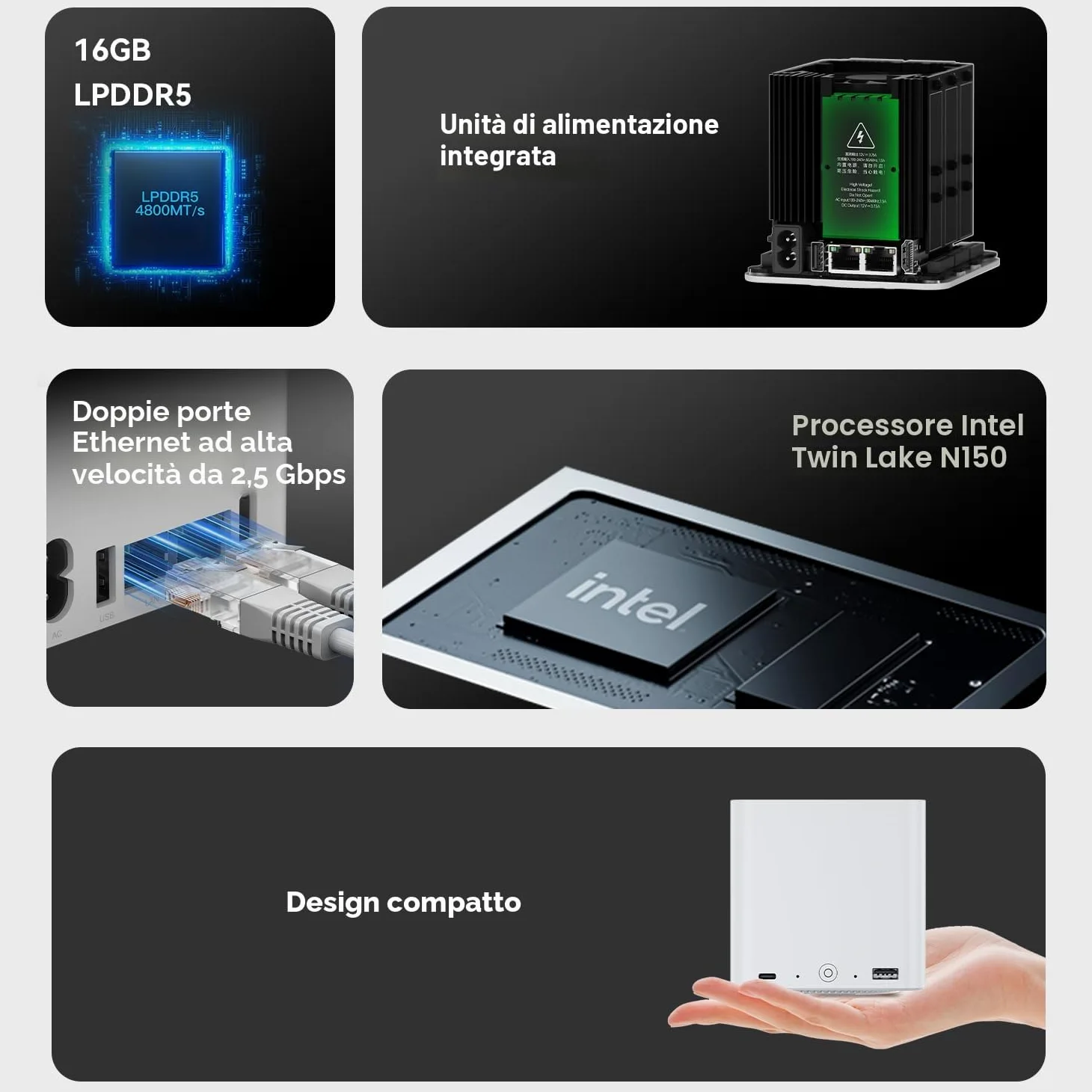 Beelink ME Mini PC, Intel N150 fino a 3,6 GHz, 16 GB LPDDR5, SSD M.2 da 1 TB, 6 Slot M.2 NVMe, Dual LAN 2,5 G, HDMI, WiFi 6, BT 5.2, USB-C/Compact NAS/Office