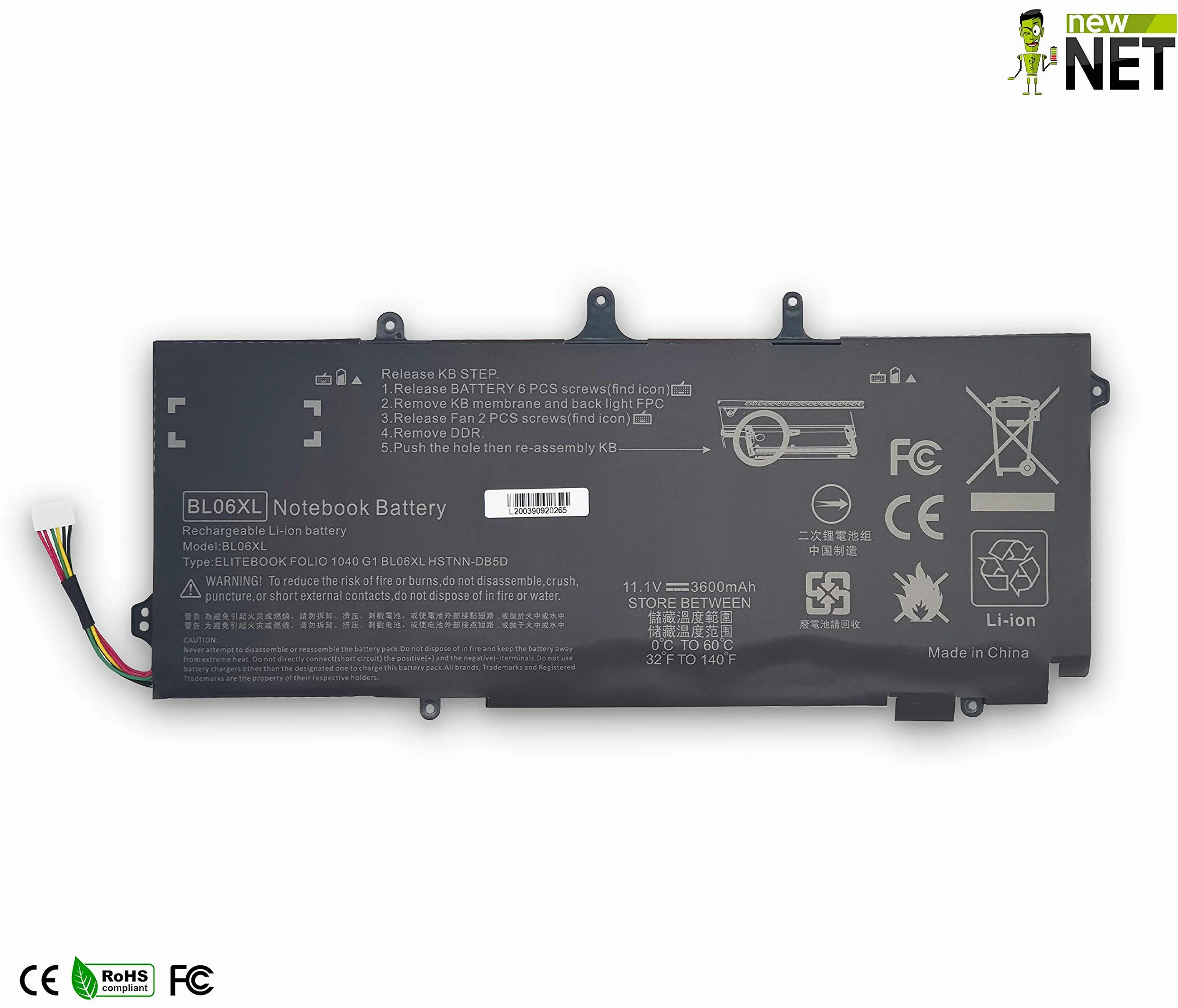 new net Batteria BL06XL BL06042XL 722236-171 HSTNN-DB5D HSTNN-W02C 722236-2C1 Compatibile con Notebook HP EliteBook Folio 1040 G0 G1 G2 [3600mAh 11.1V]