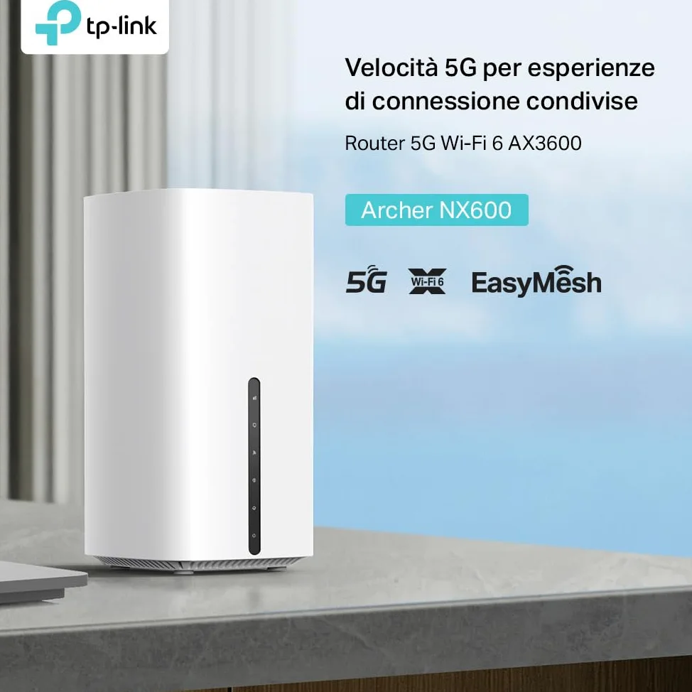 TP-Link Archer NX600 Router 5G Wi-Fi 6 AX3600Mbps Dual Band, Porta WAN/LAN 2.5G+2×Porte Gigabit LAN, Plug & Play, 4K-QAM, 8×5G/LTE, 2×Wi-Fi Antenne Interne, EasyMesh, HomeShield