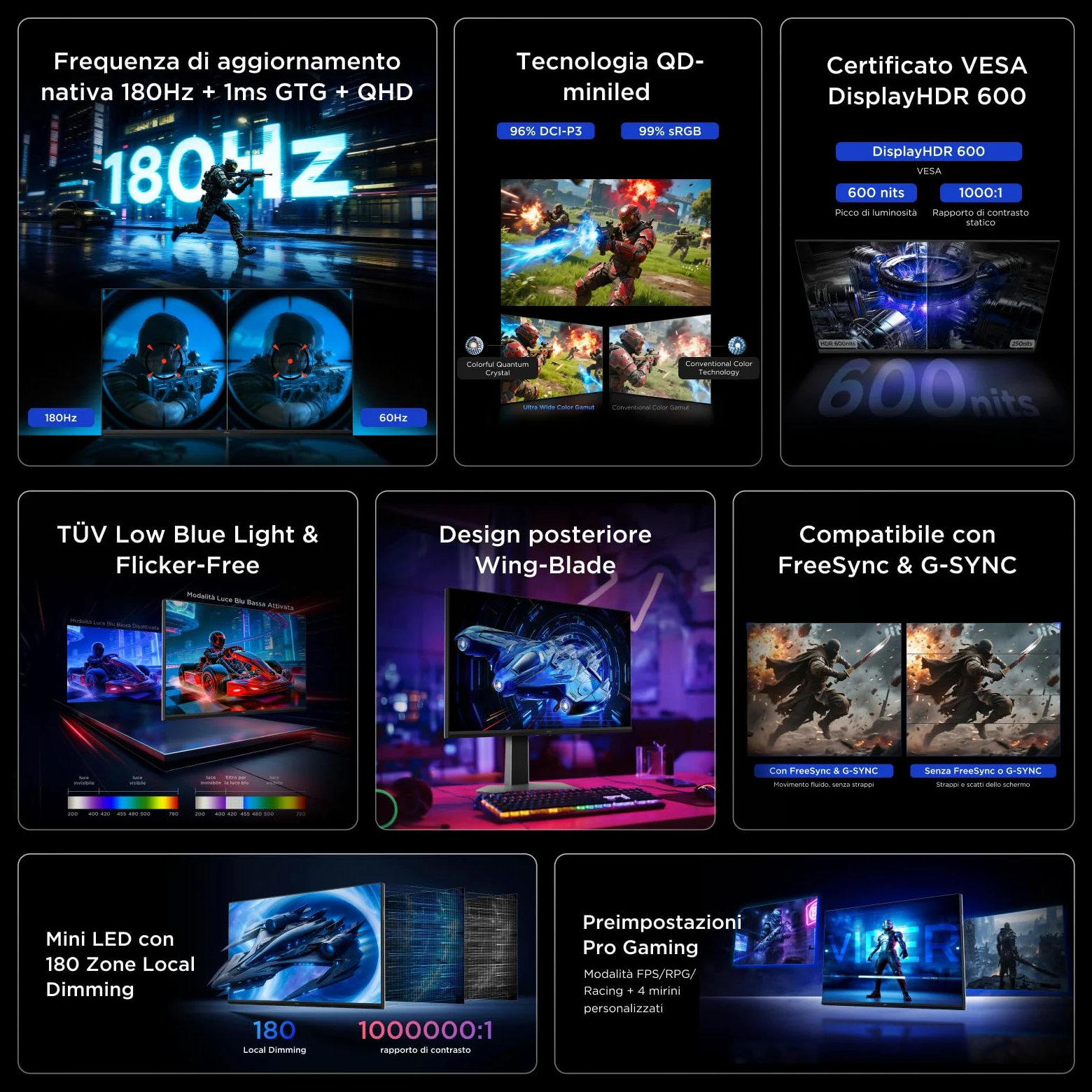 TCL 27G64 Gaming Monitor LED QD Mini da 27 polliciitem namerisoluzione QHD,180 Hz,parnello Fast HVA,HDR 600 nit, tempo dirisposta GTG di 1ms, compatibilità AMD Freesymc, G-Sync