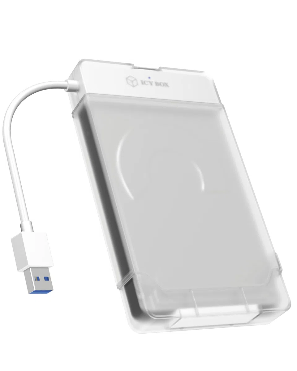 Icy Box IB-AC703-U3 Adattatore da USB 3.0 (UASP) a SATA per 2,5” (6,35 cm) HDD/SSD con Protezione per Adattatore & unità, SATA III, Bianco/Trasparente