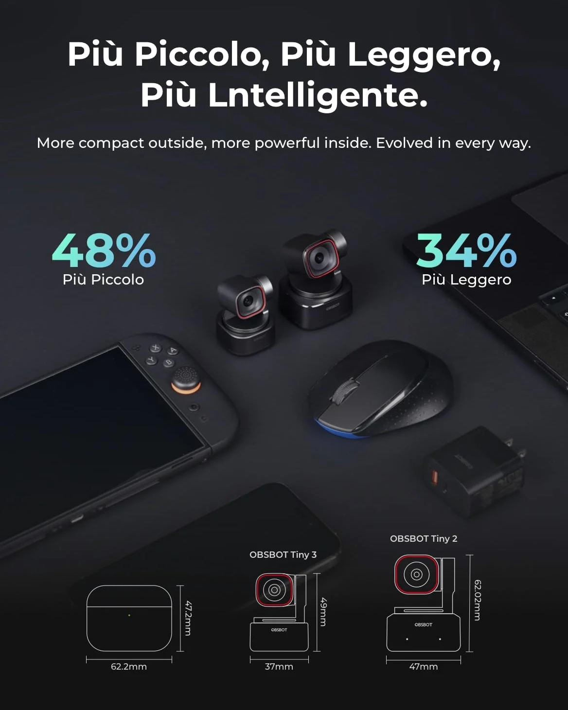OBSBOT Tiny 3 AI-Powered Spatial Audio 4K Webcam, AI Tracking PTZ Camera con Sensore 1/1,28", Tri-Mic, Sprach- & Gestensteuerung, 120FPS, HDR, Web cam per PC, Laptop, Streaming e Meeting, Switch 2