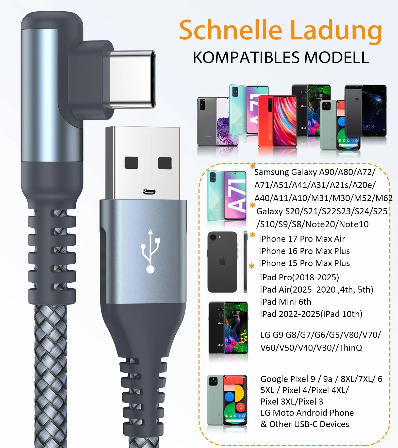 Cavo USB C angolo di 90 gradi [2 pezzi 2m] ricarica rapida, cavo di ricarica Cavo USB C in nylon tipo C per Samsung Galaxy S21 Plus, Note10 / 9/8, M31, A71 A52 A51 A50 A40 A10 A7, Mi9 / 8 (grigio)