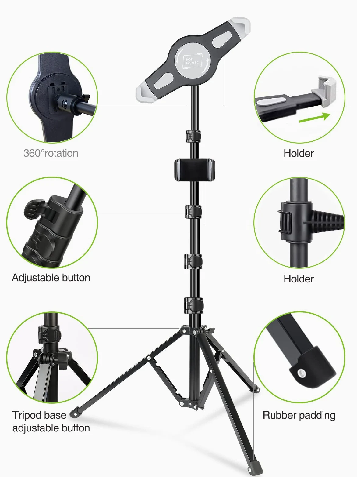 elitehood Treppiede per iPad, 165 cm, regolabile in altezza, supporto da pavimento per iPad con supporto girevole a 360°, per iPad Pro 12,9 11, iPad Air e tutti i tablet da 9,5-14,5 pollici