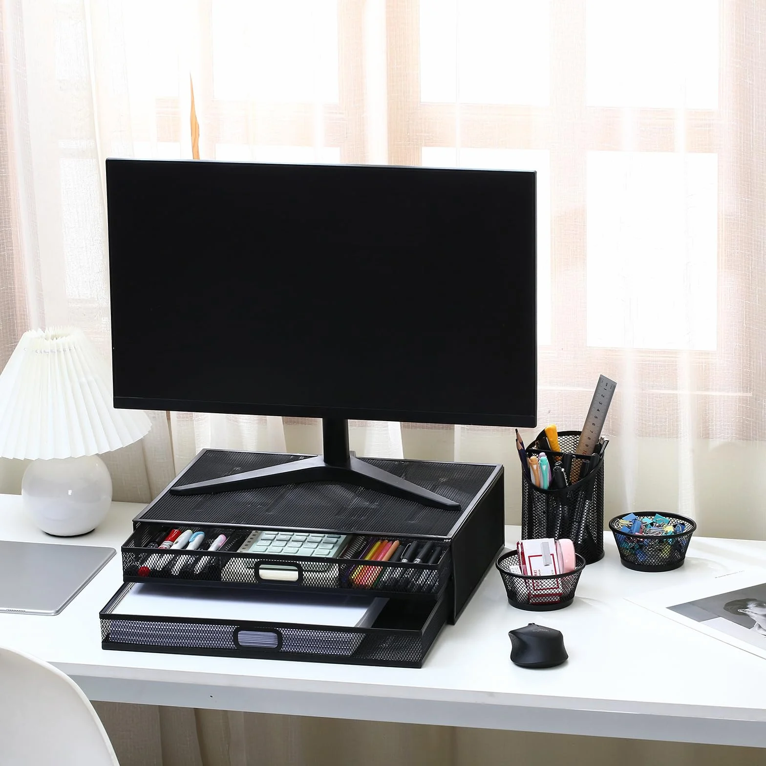 Organizer da scrivania per computer, supporto per monitor, rete metallica, forniture da ufficio per computer portatile, organizer per computer portatili