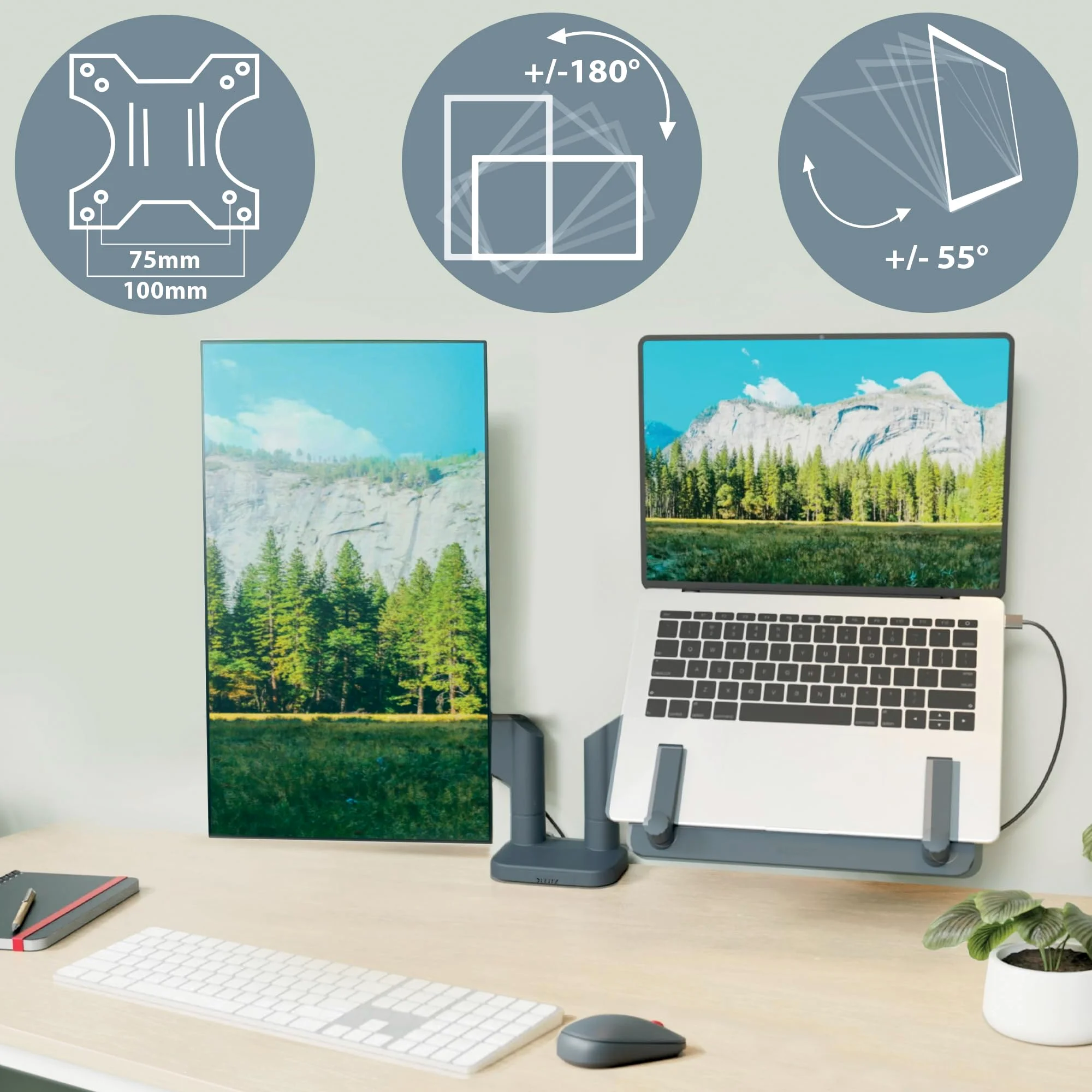 Leitz Ergo Braccio Doppio per Monitor e PC a molla, per Schermi fino a 32 " e ad un Peso di 9 kg, Salvaspazio ed Ergonomico, Grigio Scuro, 65380089
