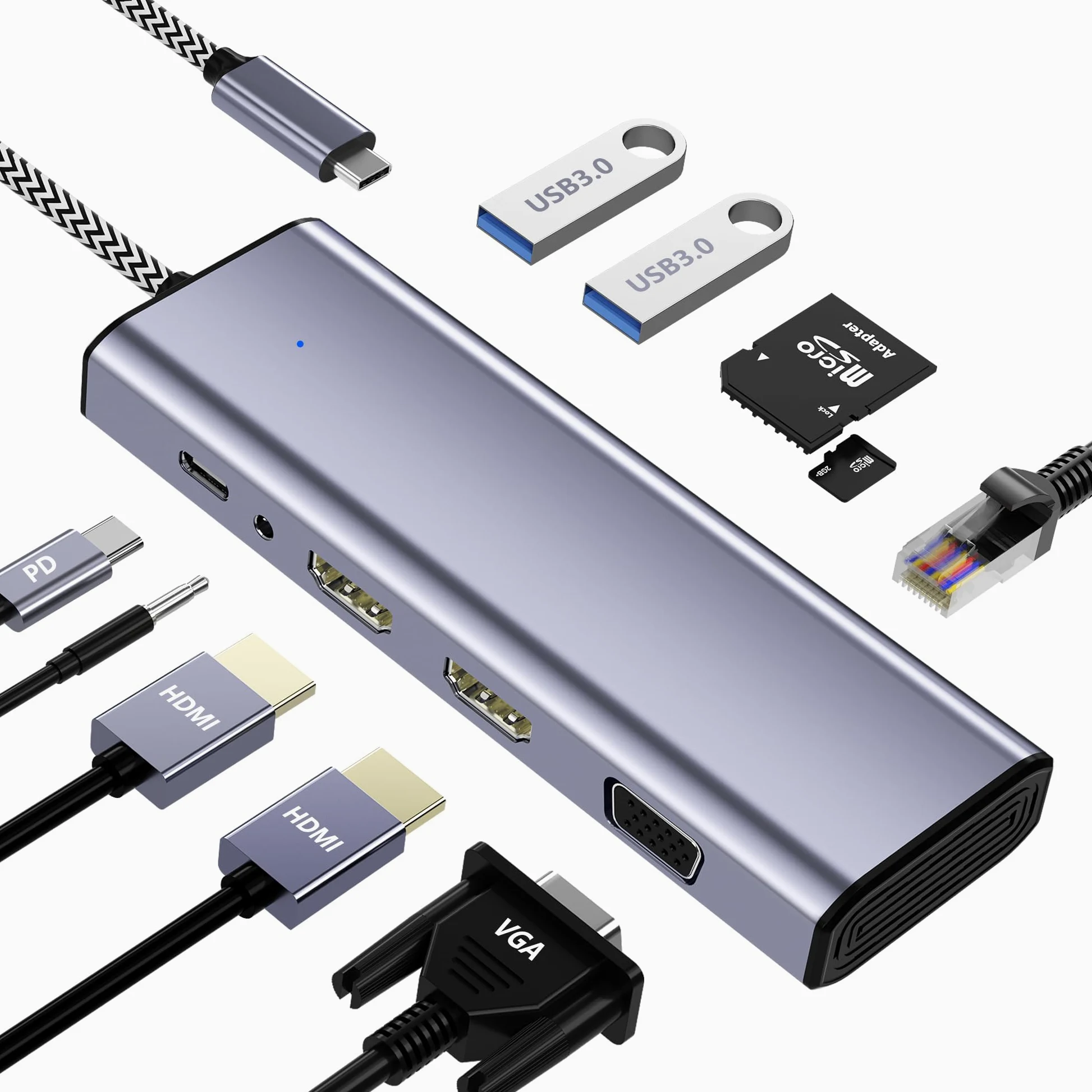 Docking Station Dual Monitor, USB C a Dual HDMI, USB C 10 in 1 Docking Station 3 Monitor con HDMI/VGA/PD/Ethernet/USB/SD/TF/3.5mm Audio