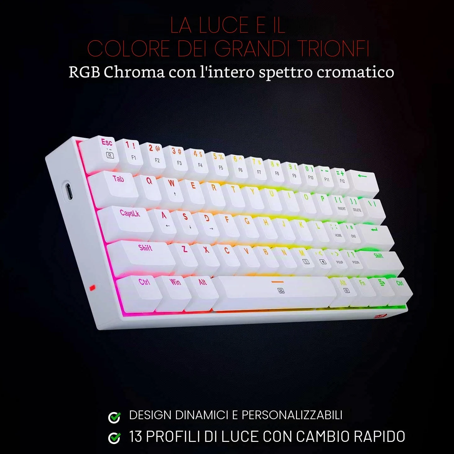 Redragon - K630 Dragonborn Bianca, Tastiera meccanica gaming 60%, compatta, 61 tasti, tastiera gamer TKL per giochi, tasti marroni, illuminazione RGB