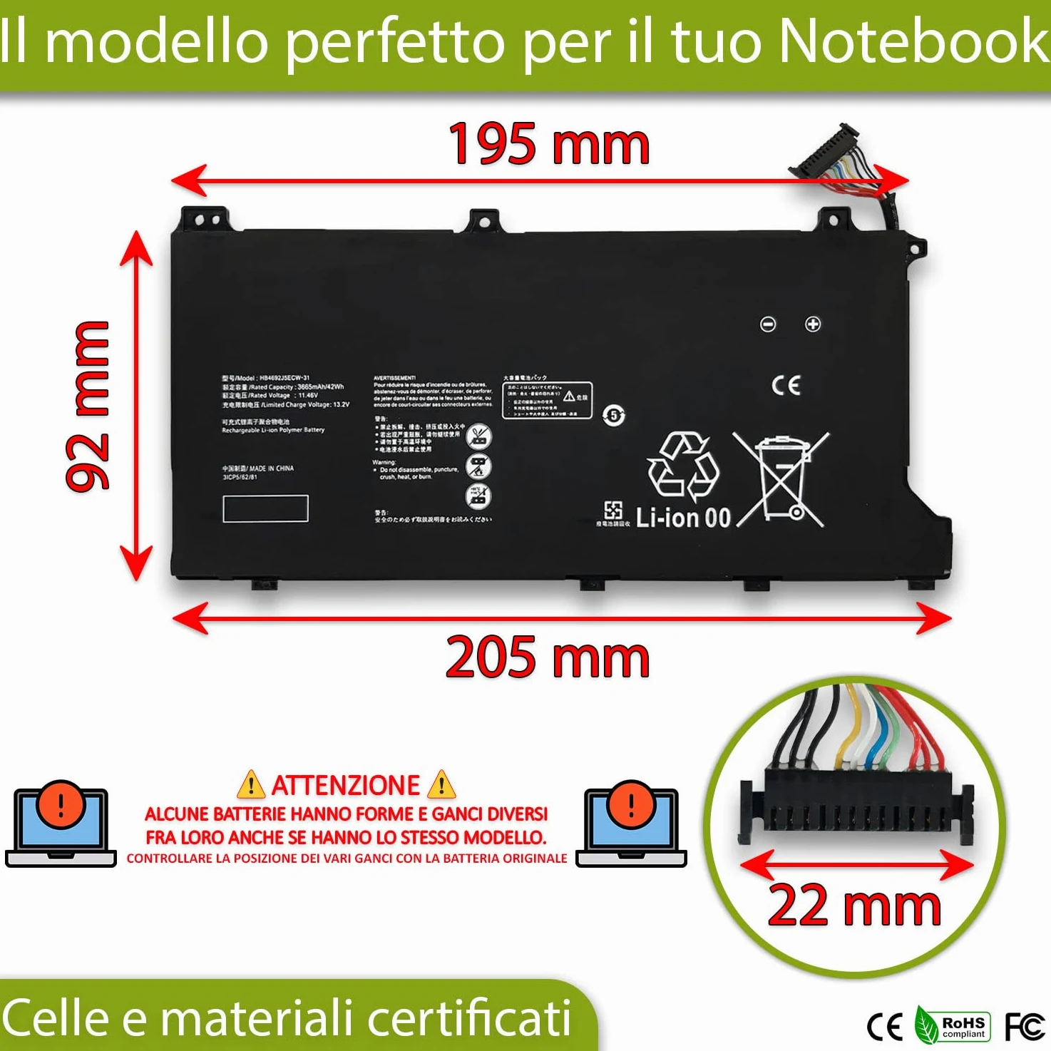 New Net Batteries - Batteria HB4692J5ECW-31 compatibile con HUAWEI 3ICP5/62/81 HB4692J5ECW31 HB4692J5ECW-31C HB692J5ECW-31 HB4692J5ECW31C [ 11.46 V - 42 Wh ]