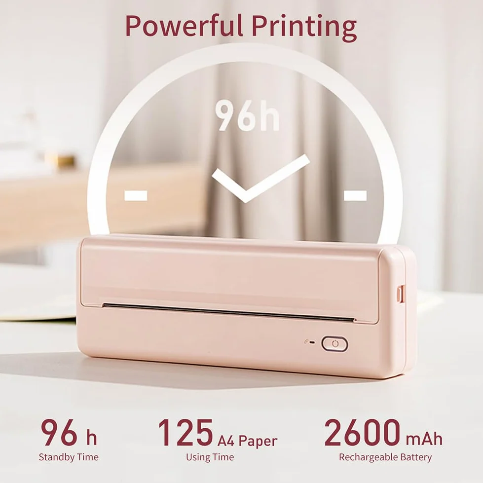 Stampante termica portatile wireless, stampante compatta da viaggio per casa e ufficio, stampante A4 senza inchiostro, supporta carta da 210 mm/110 mm, per la scuola e la stampa quotidiana