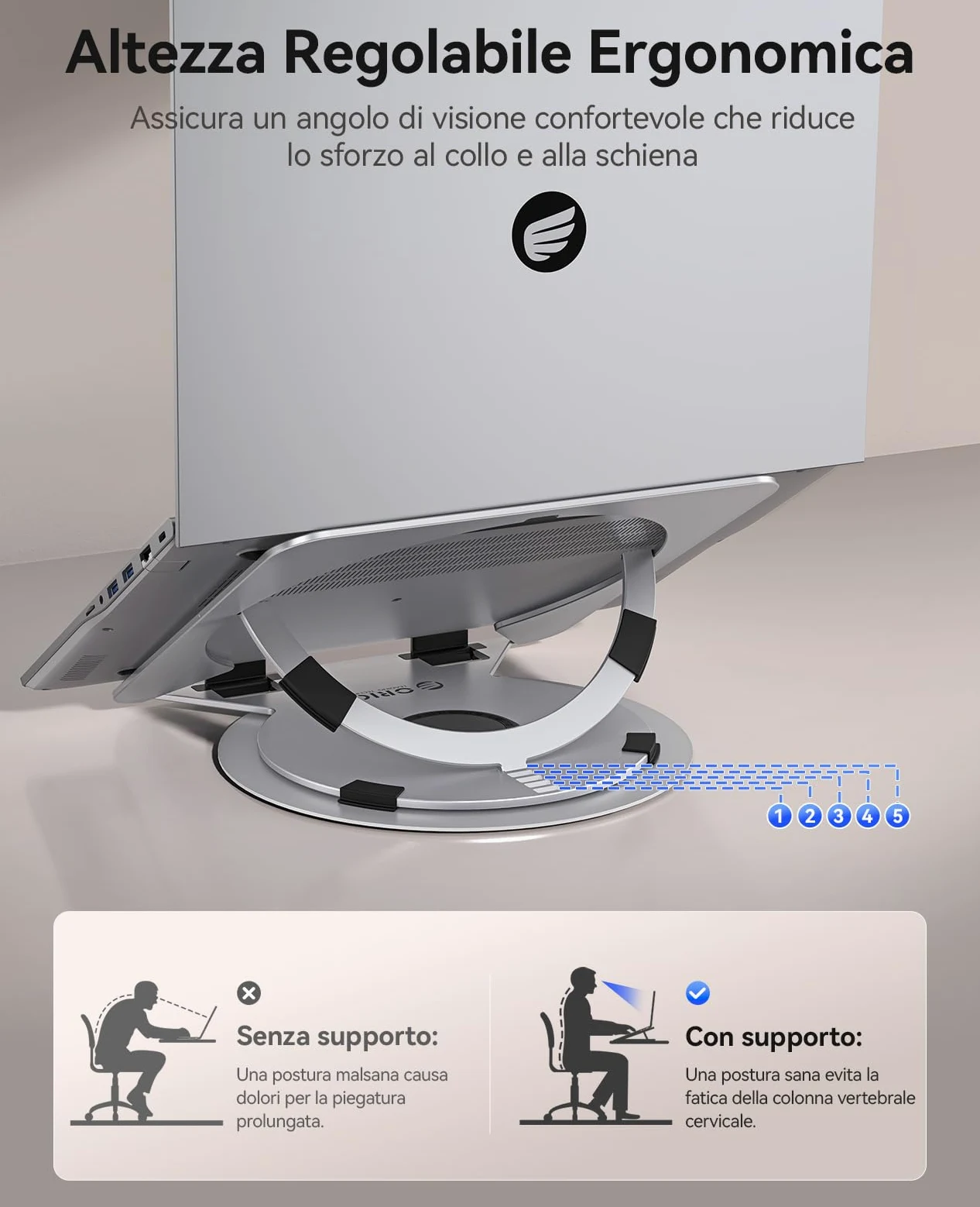 ORICO Supporto PC Portatile Regolabile, Laptop Stand Ventilato con Base Girevole a 360°, Supporto Laptop Ergonomico Pieghevole per Scrivania, Compatibile con Notebook da 10-17" - NS1, Argento