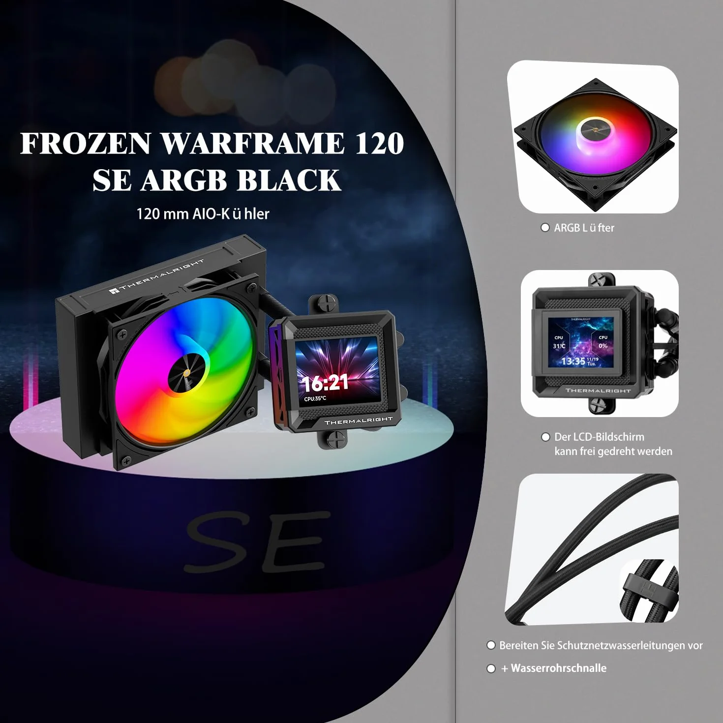 TR-Thermalright FW120 SE ARGB - Raffreddatore per CPU liquido, display LCD IPS da 2 pollici, risoluzione 320 x 240 (magnetica), design dello schermo fai da te, 120 mm, per AM4/AM5, Intel LGA1851/1700