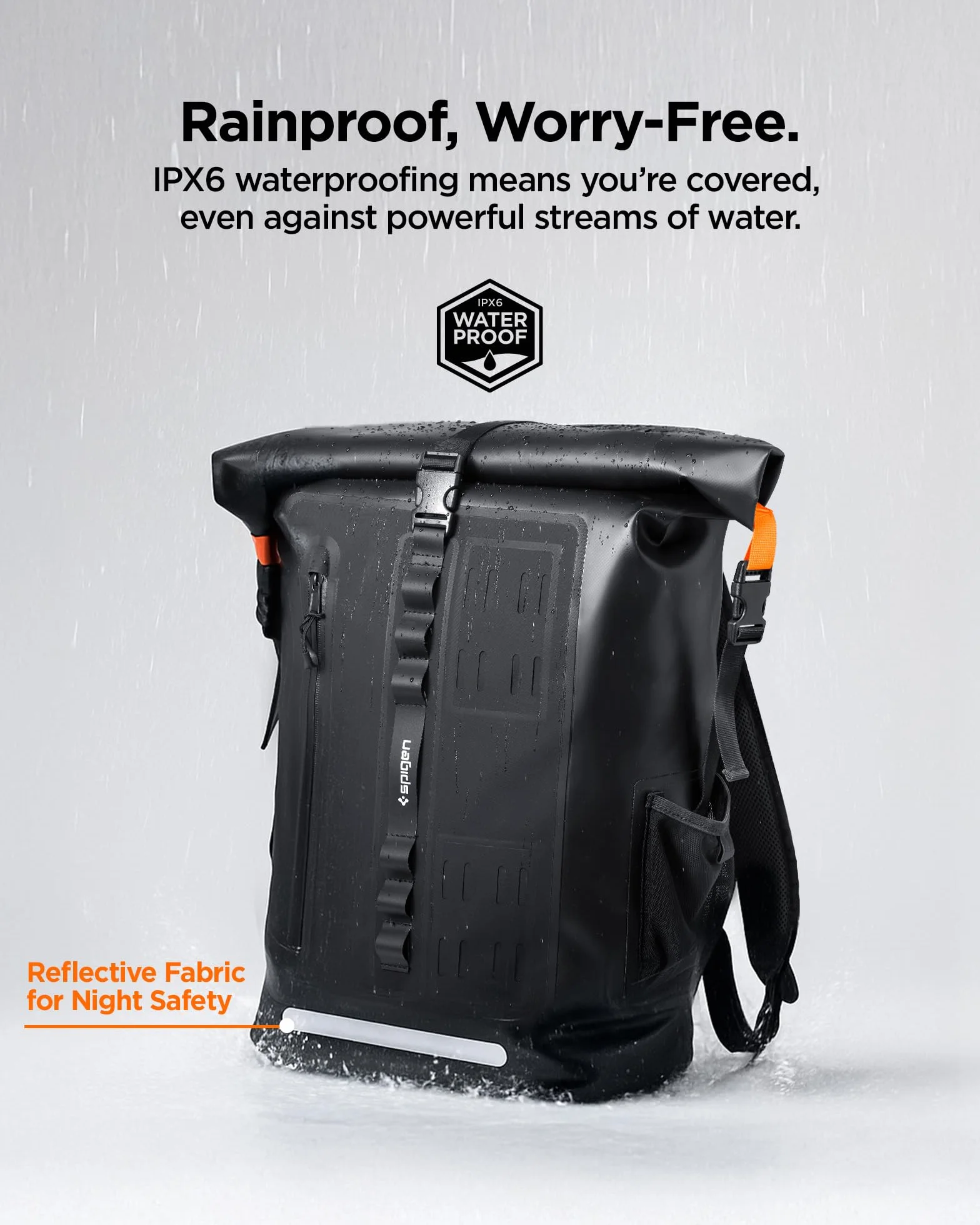 Spigen A650 Zaino Impermeabile 35L Roll Top | Nero, Zaino Roll-Top Impermeabile IPX6 35L. Compatibile Laptop 16" con Custodia Imbottita. Schienale Ventilato