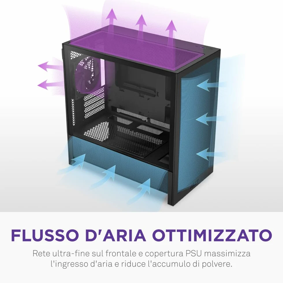 NZXT H3 Flow – Case PC Gaming Micro-ATX – Flusso d'aria ottimizzato – 1 ventola 120mm inclusa – GPU full-size – Radiatore 280mm frontale, 240mm superiore – Scheda madre con conn. posteriore – Nero