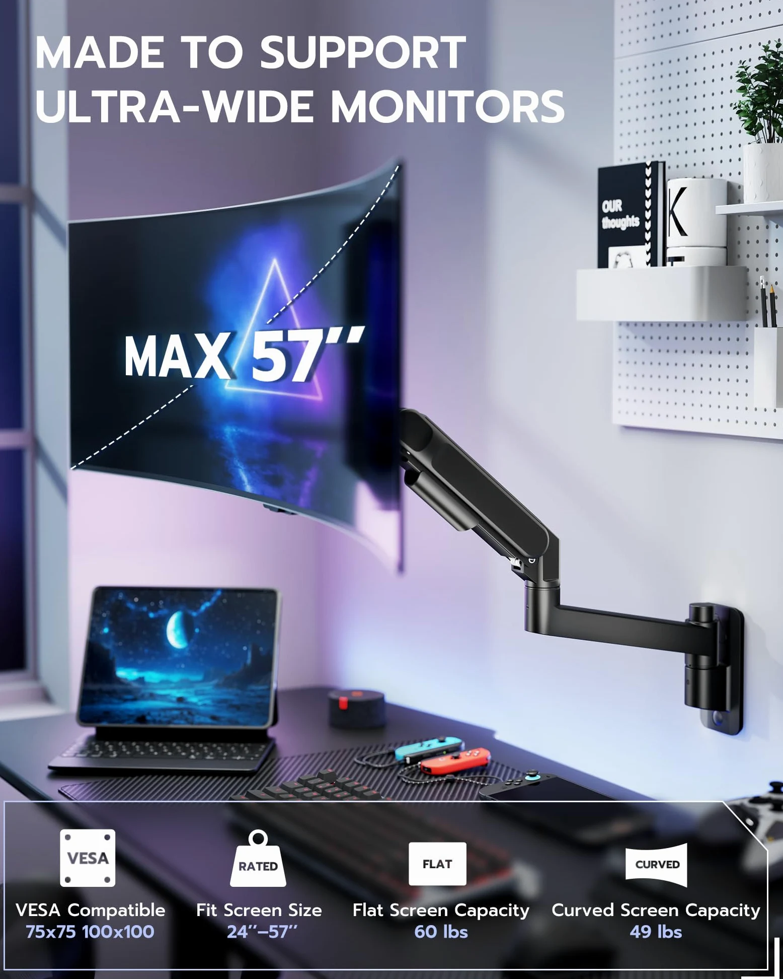ARES WING Supporto da parete per monitor da 24 – 57 pollici, schermo LED/LCD/TV fino a 27 kg, molla a gas, supporto da parete, inclinabile, orientabile VESA 75/100, supporto per monitor per ufficio e