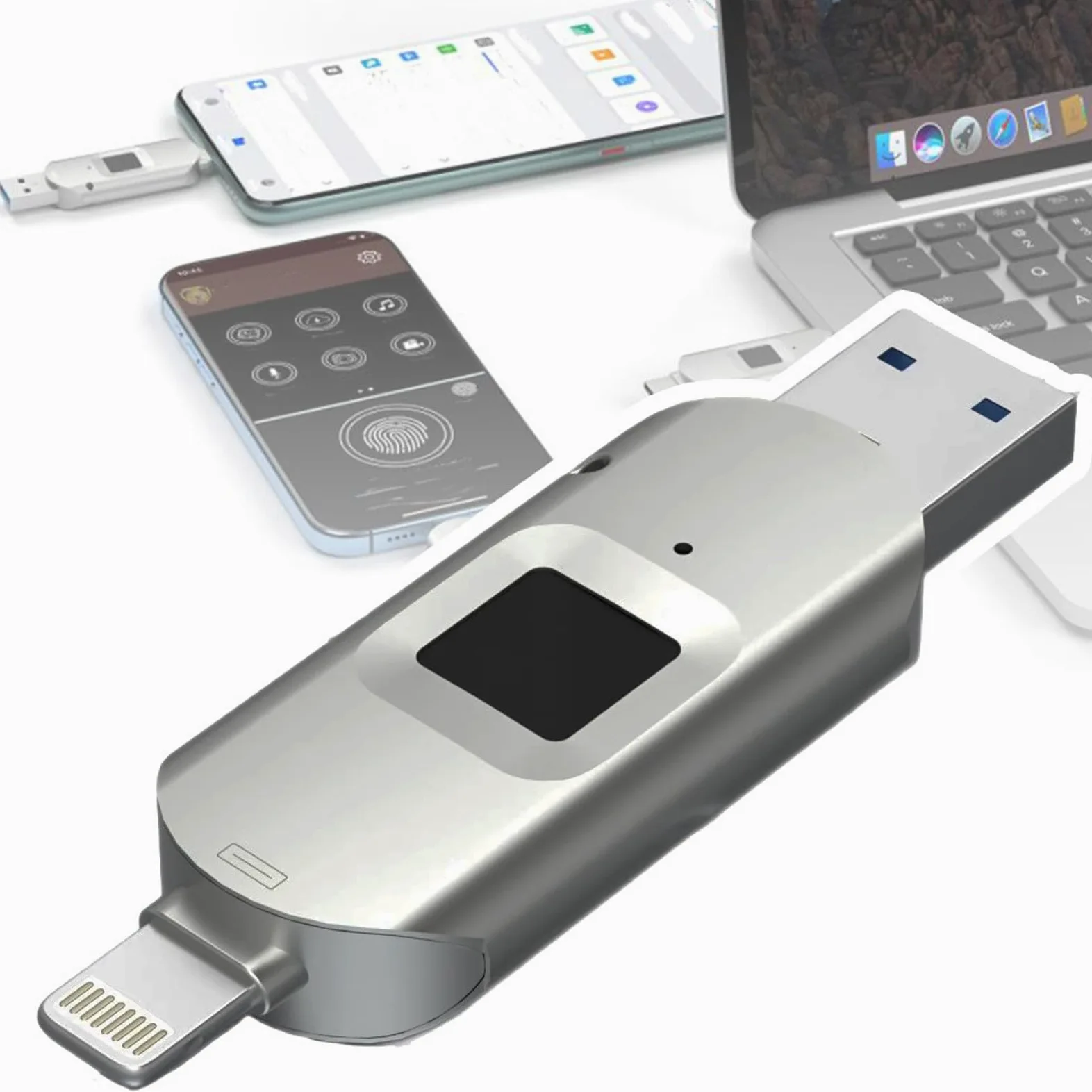 Chiavetta USB con sblocco Tramite Impronta Digitale, Protezione con Password di Sicurezza, unità USB 2 in 1 crittografata, Barra di archiviazione 256GB