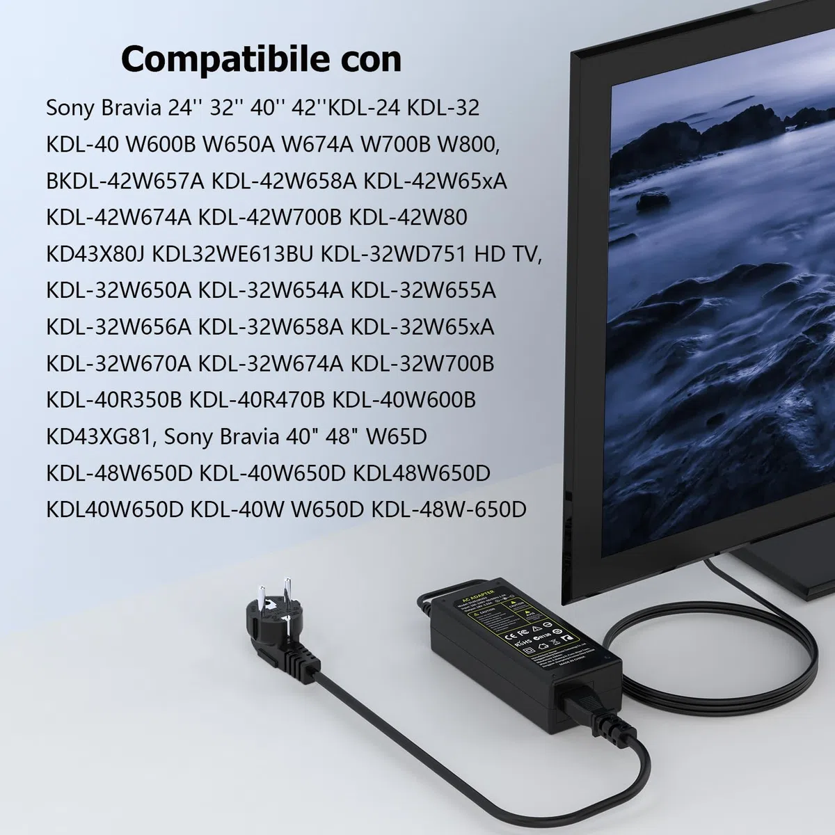 Caricatore 19.5V 4.7A 90W Alimentatore per Sony Bravia TV 6.5 x 4.4 mm | Compatibile con Sony Bravia KDL-24 KDL-32 KDL-40 KDL-42 KDL-48 KDL W600B W650A W700B W800B Vaio PCG VGN VGP