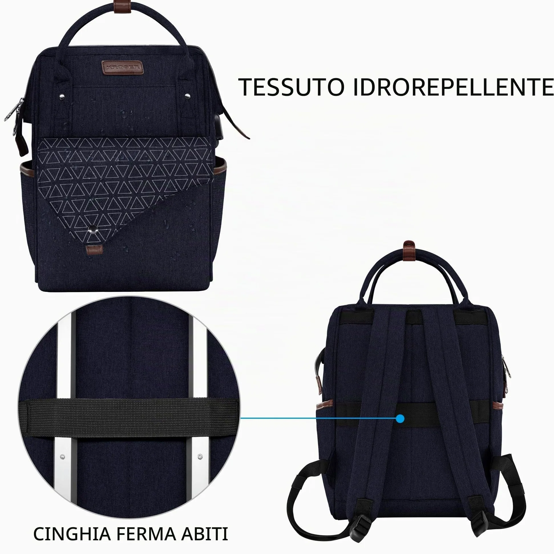 KROSER Zaino per computer portatile da 15,6 pollici, elegante, con porta | Zaino per computer portatile da 15,6 pollici impermeabile, per università borsa da lavoro per donne/uomini, blu scuro