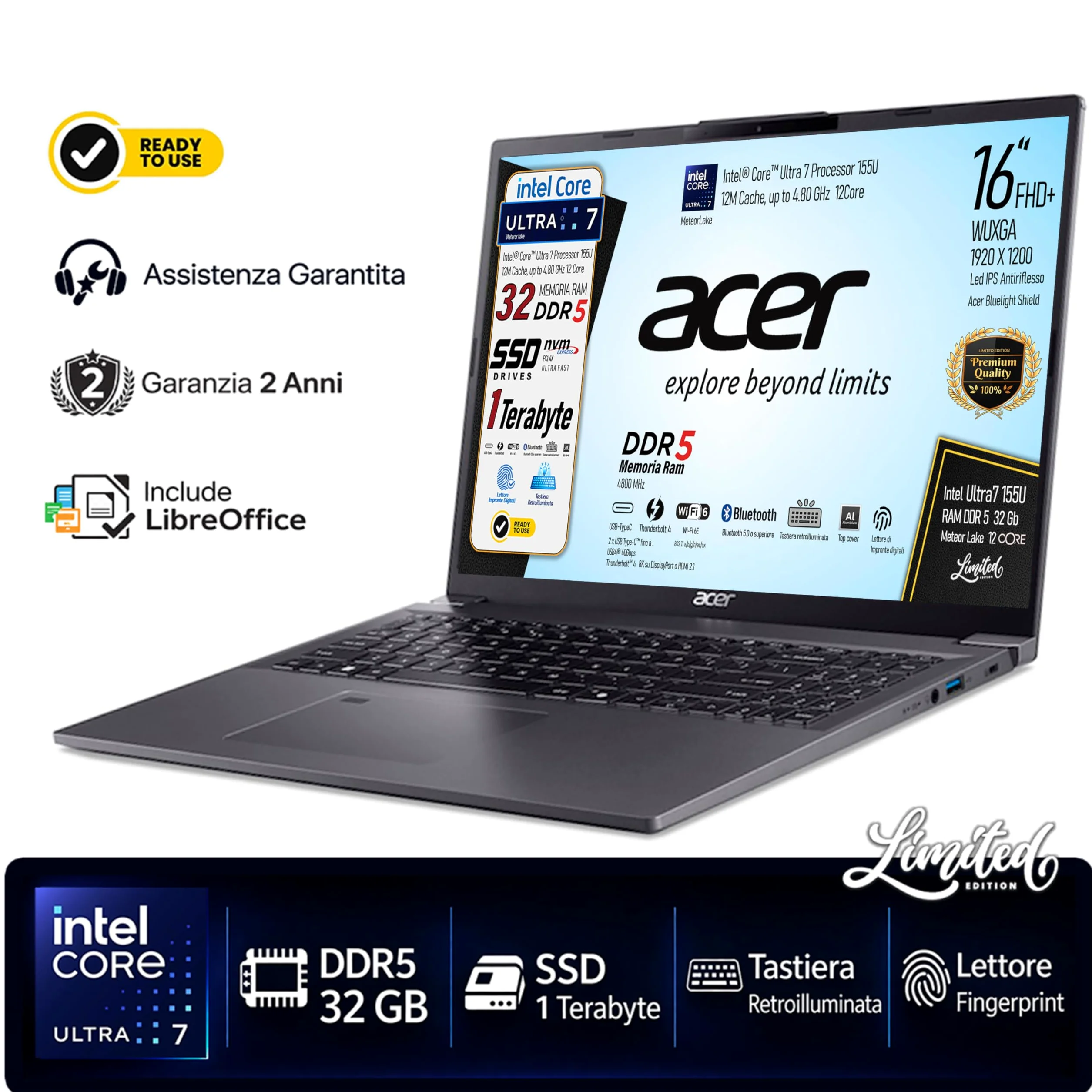 Acer Notebook, Intel Ultra7 155U Meteor Lake, Ram DDR5 32Gb, SSD Pci da 1 Tb, Display WUXGA 16" FHD+, Tastiera qwerty retroilluminata, fingerprint, Wi-Fi 6, thunderbolt 4, Hdmi, pronto all'uso